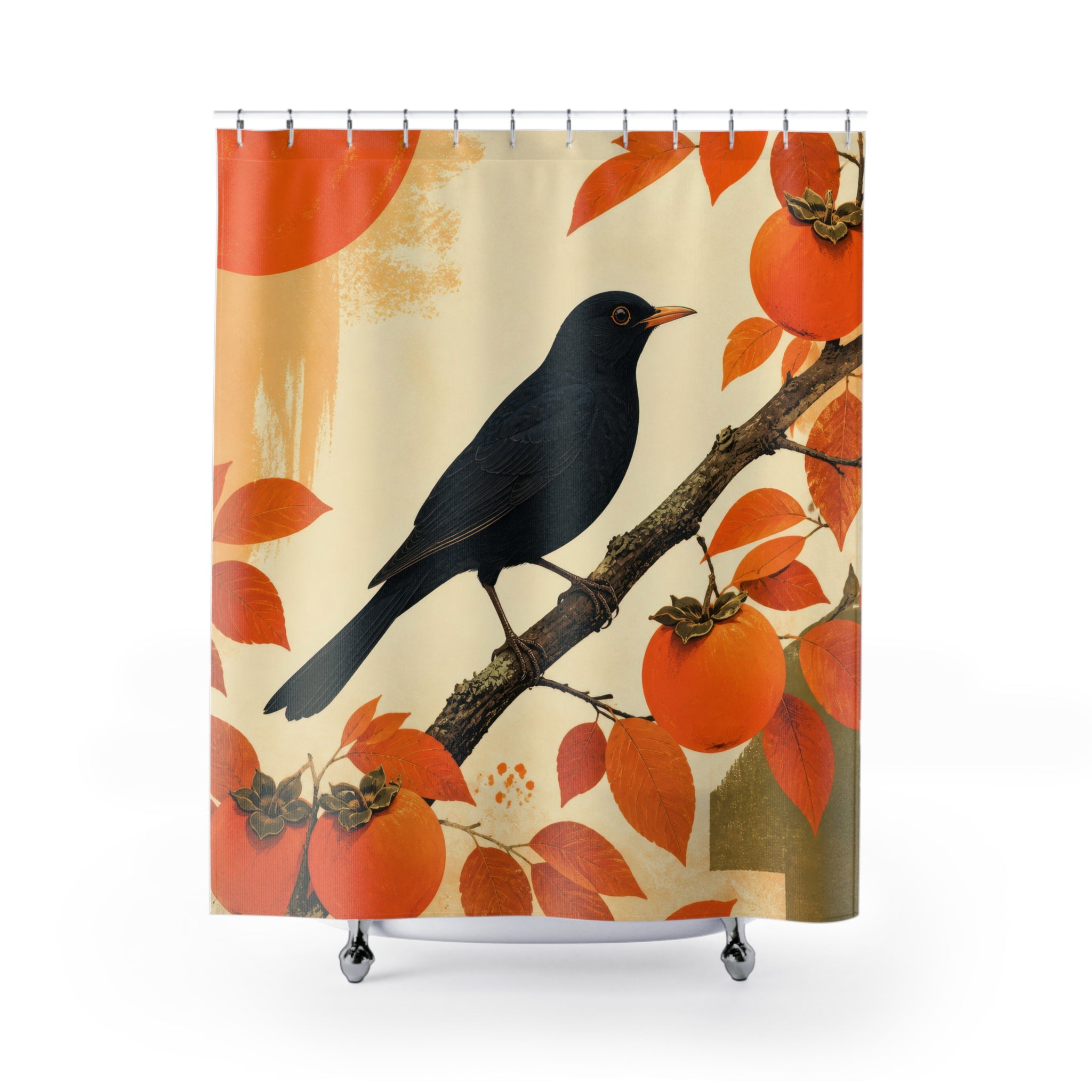 Blackbird perched among orange persimmons and autumn leaves shower curtain with full front view