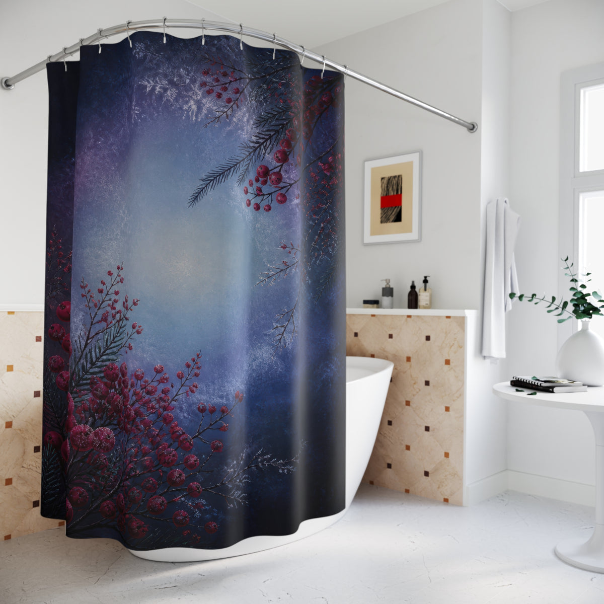 Crimson winter berries around an icy blue halo shower curtain beside a freestanding tub