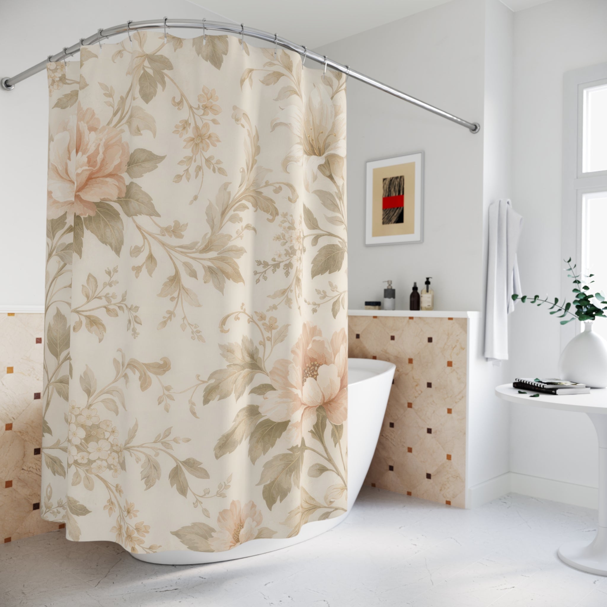 Shabby Chic Floral Shower Curtain – Blush Ivory