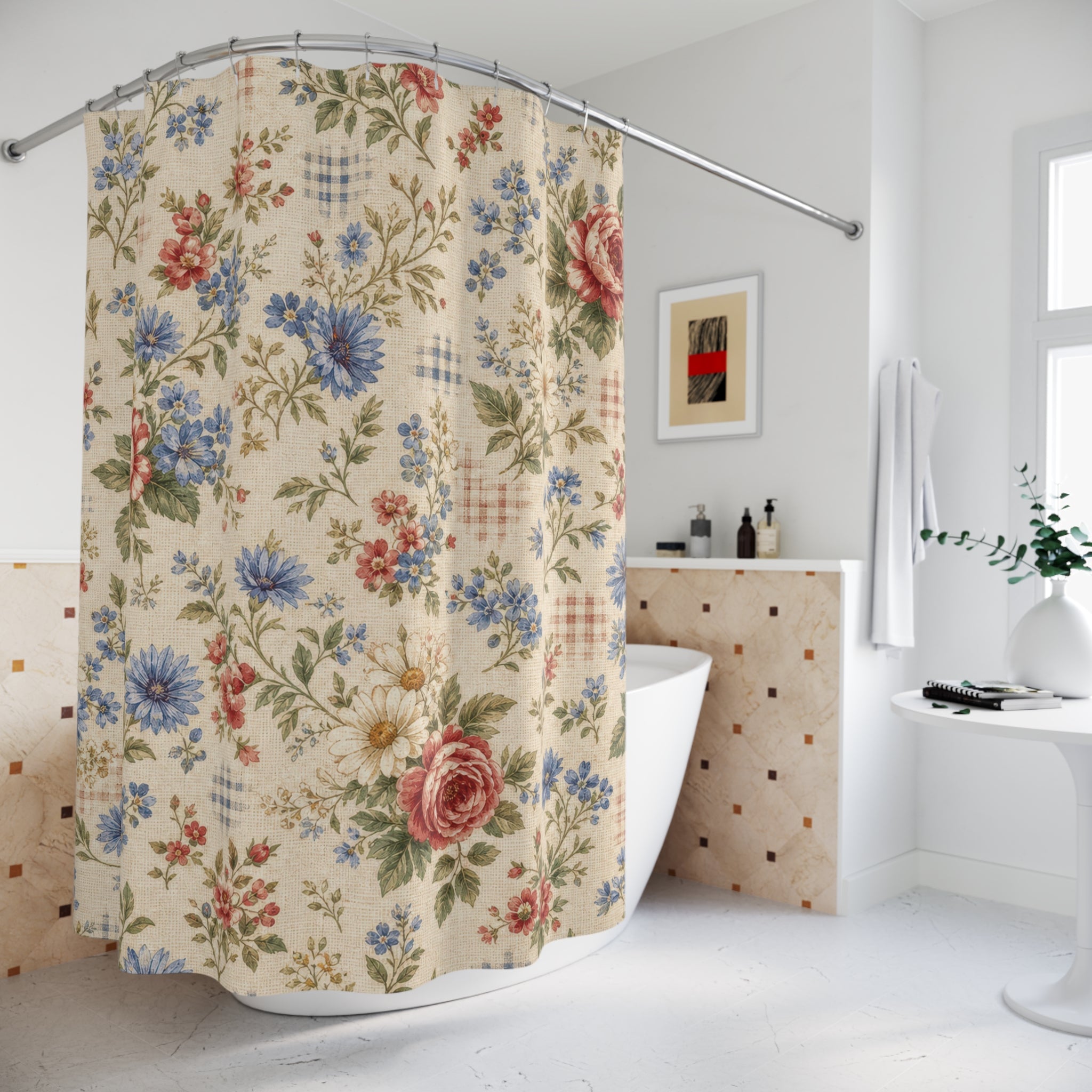 Country Floral Shower Curtain: Vintage Cottage Flower Pattern