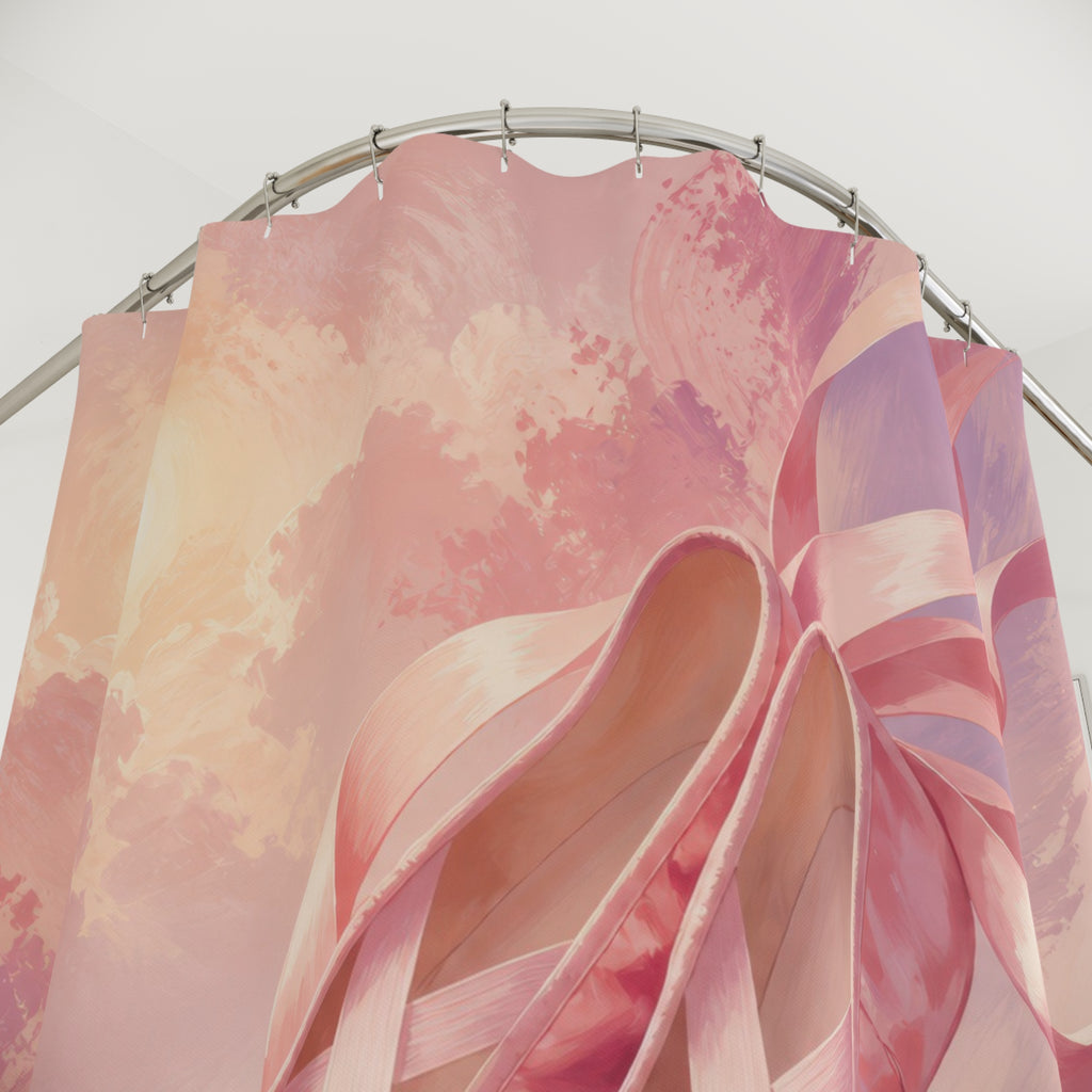 Blush ballet pointe shoes floating through pastel clouds shower curtain with close-up print, hooks, and folds