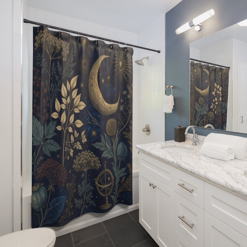 Antique Celestial Herbarium Navy Blue Shower Curtain