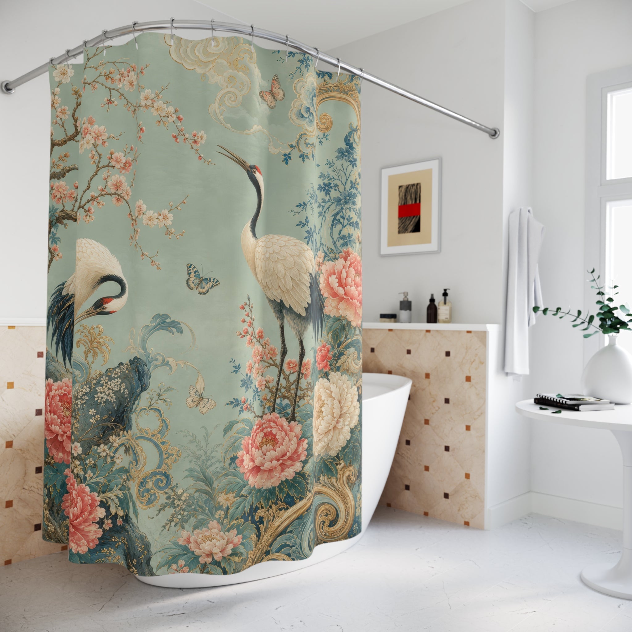 Antique Chinoiserie Crane Shower Curtain