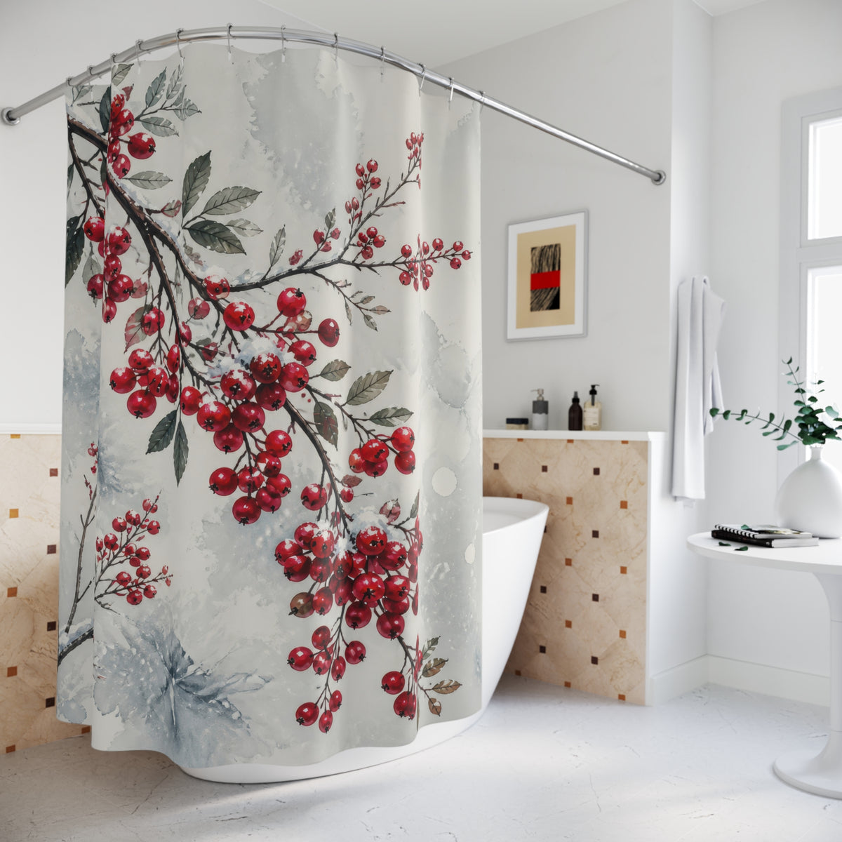 Snowy red winter berry branches in watercolor shower curtain beside a freestanding tub