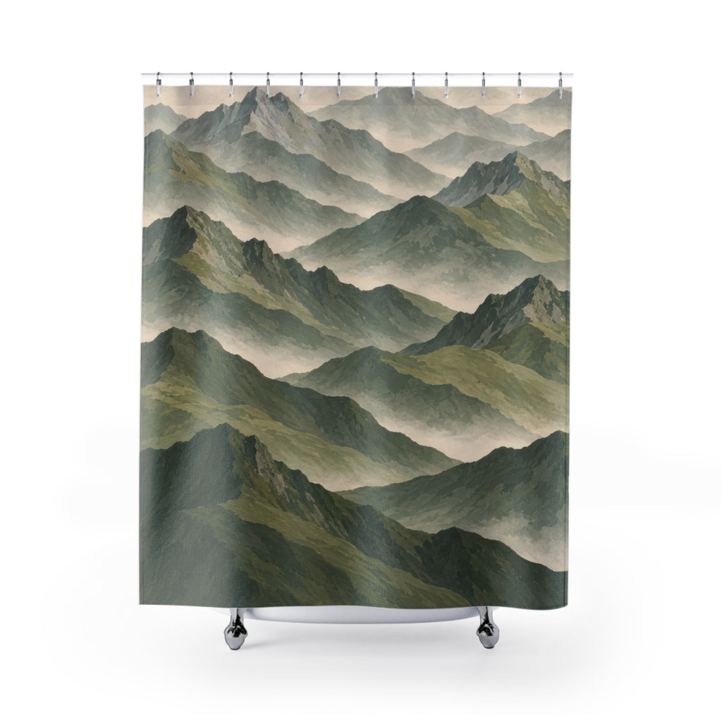 Sage and olive mountain ridges in pale cream mist shower curtain with full front view
