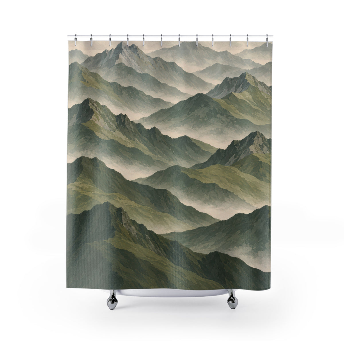 Sage and olive mountain ridges in pale cream mist shower curtain with full front view