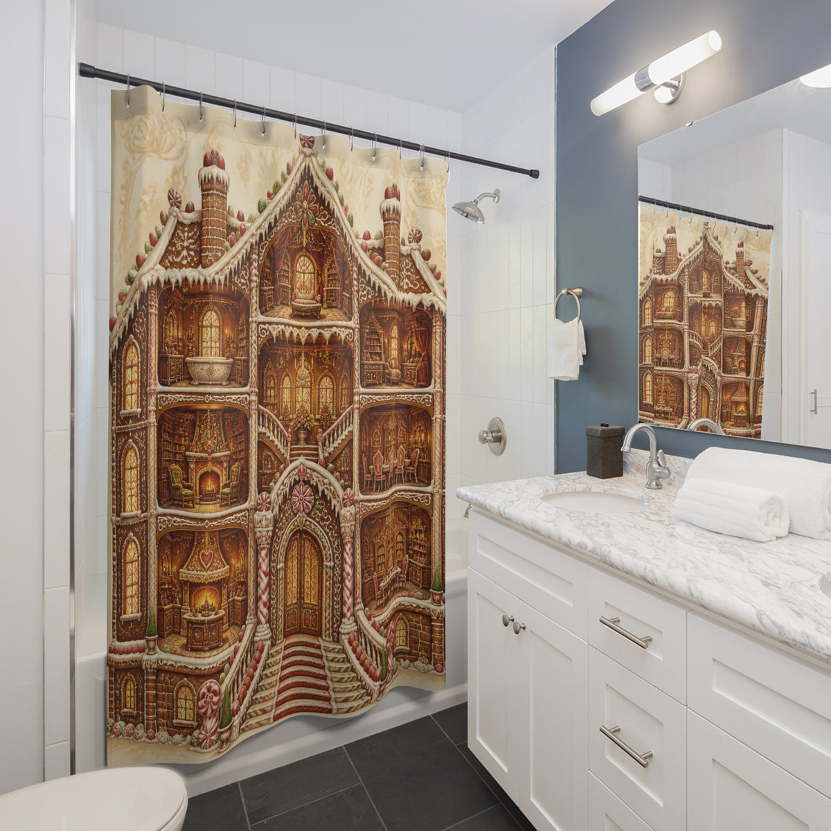 Grand gingerbread manor with glowing cutaway rooms shower curtain beside a white vanity