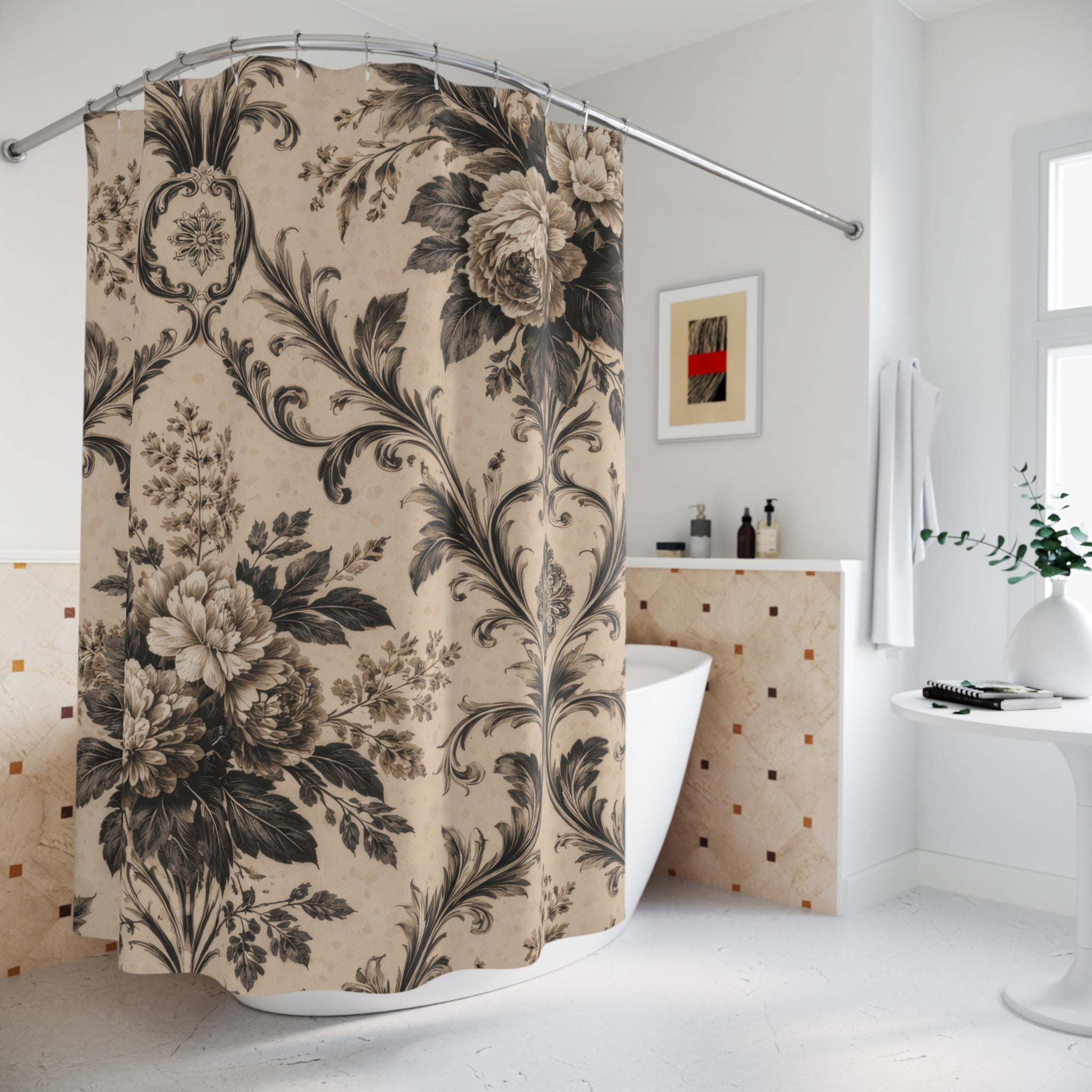 Black & Beige Floral Shower Curtain – Vintage Botanical