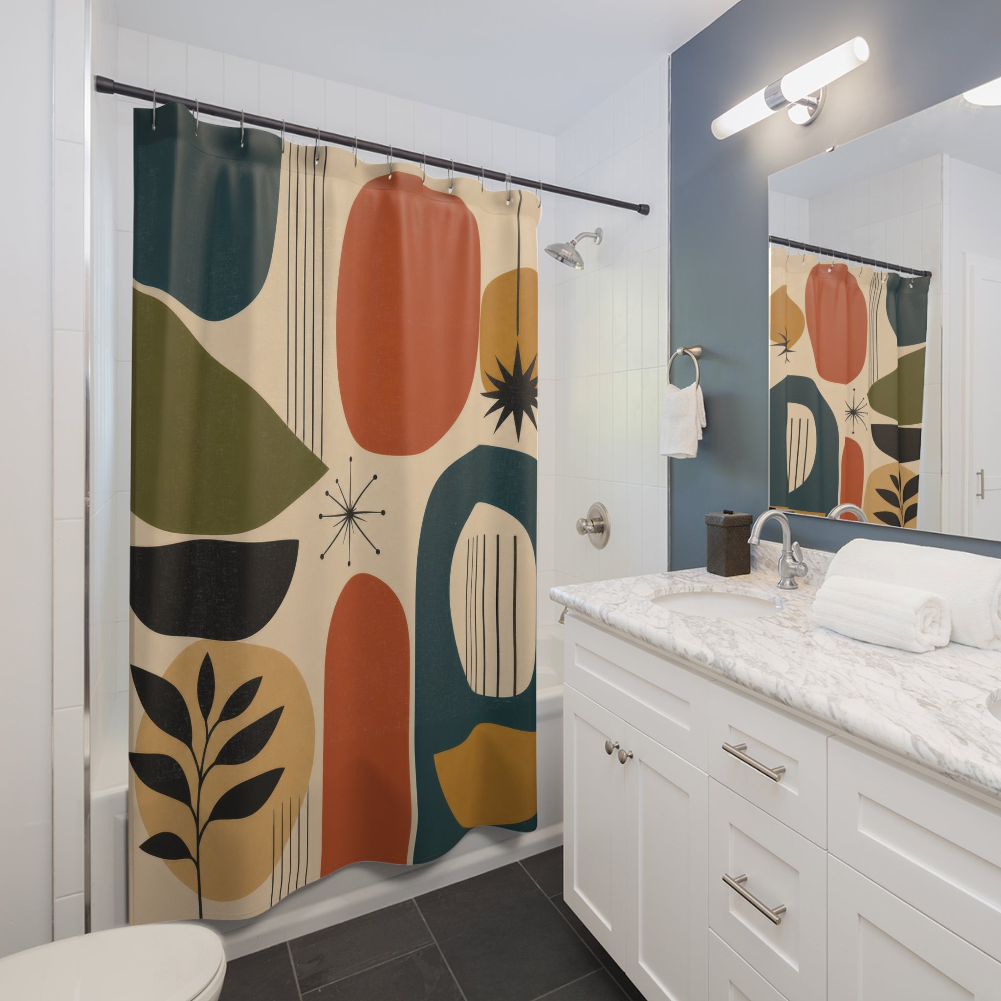 Mid Century Geometric Shower Curtain — Teal Mustard