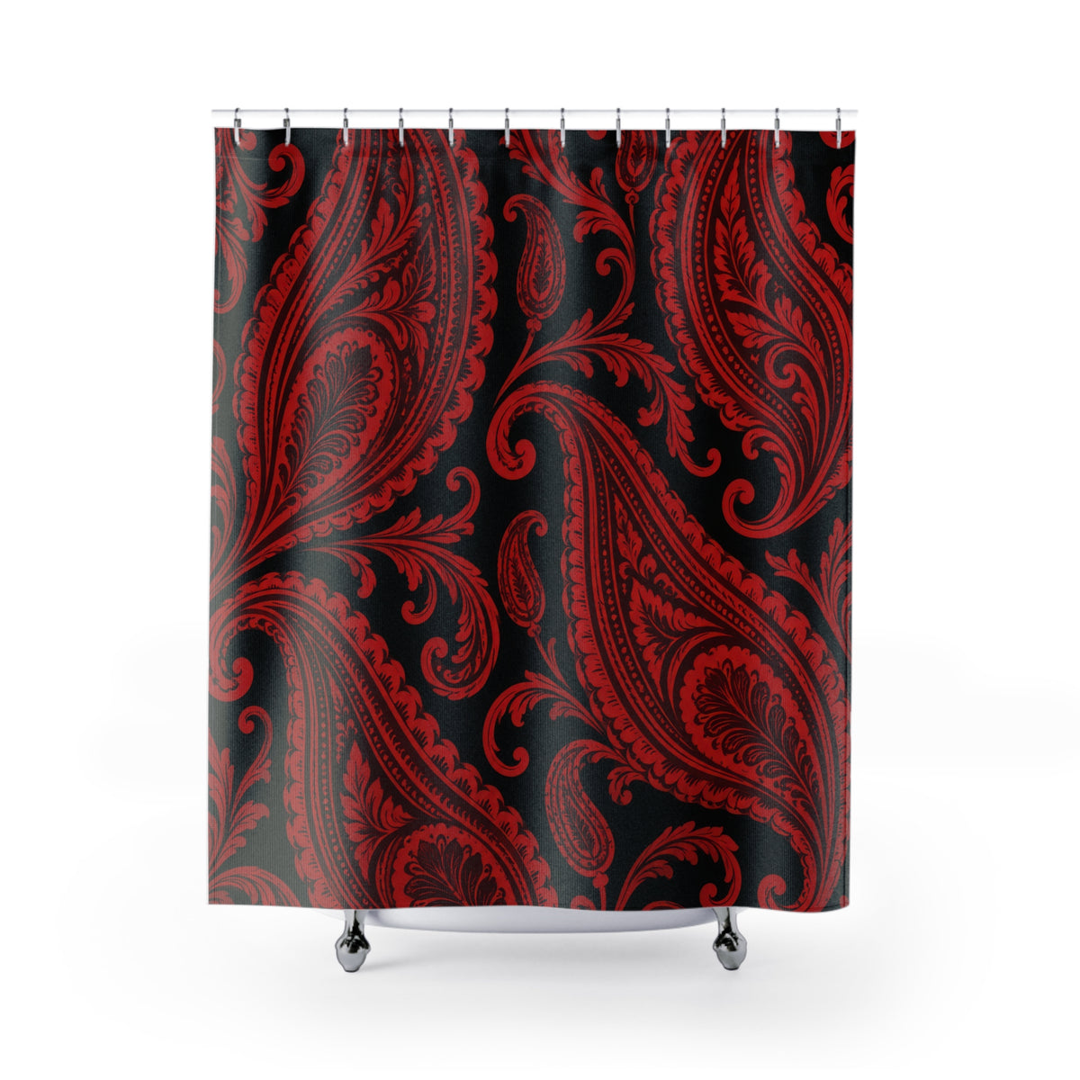 Red paisley teardrops and curling scrollwork on black shower curtain with full front view