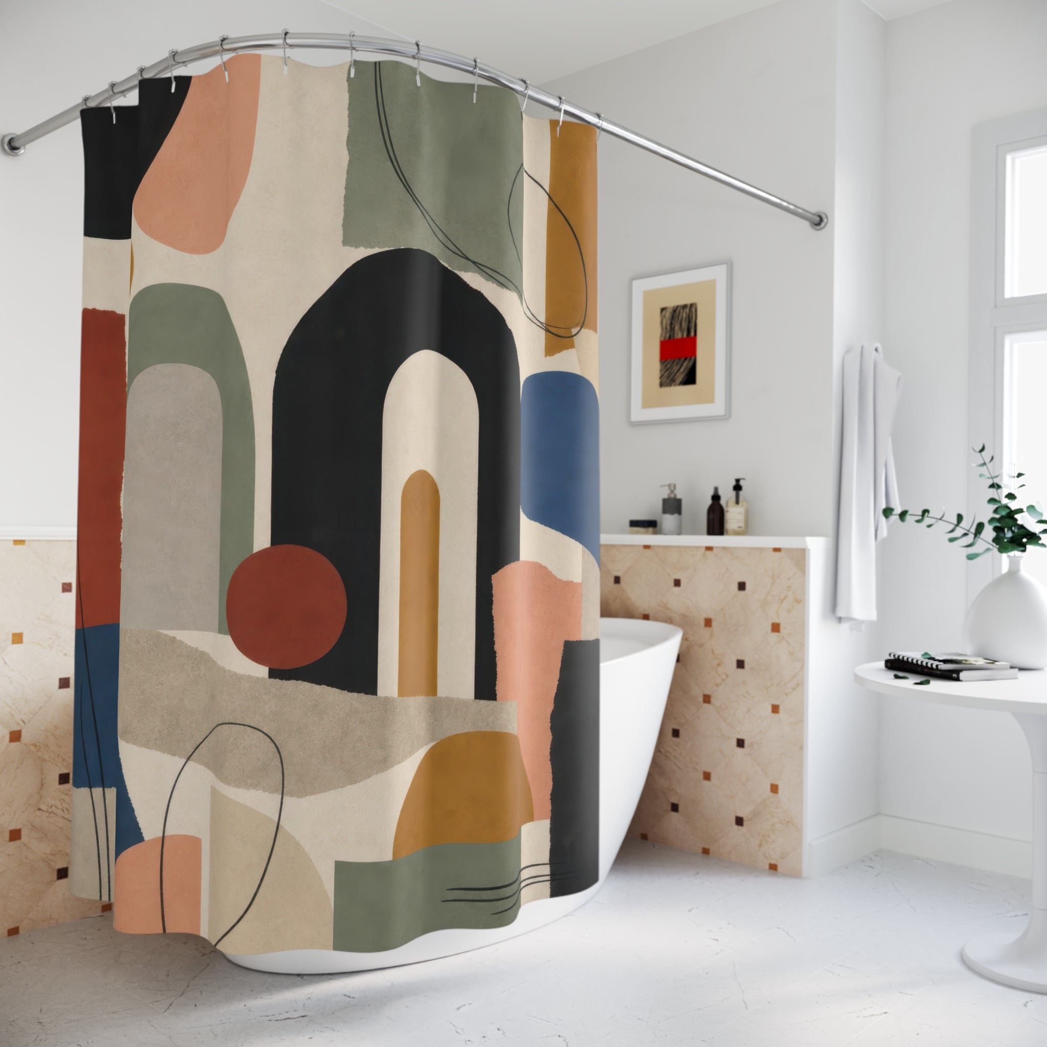Modern Geometric Shower Curtain, Colorful Arch Landscape, Blue Green Terracotta Abstract Bathroom Decor, Playful Retro Bath Style, Bold