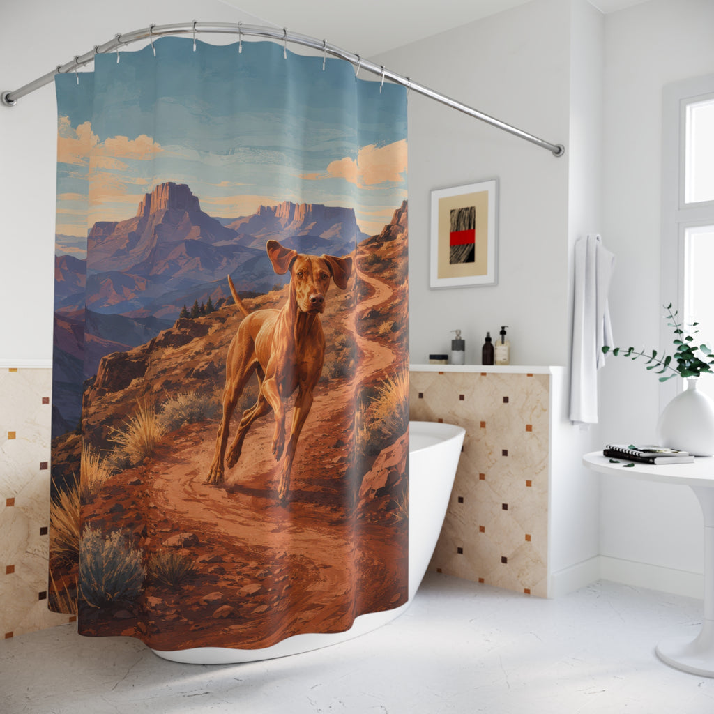 Canyon trail running Vizsla shower curtain beside a freestanding tub