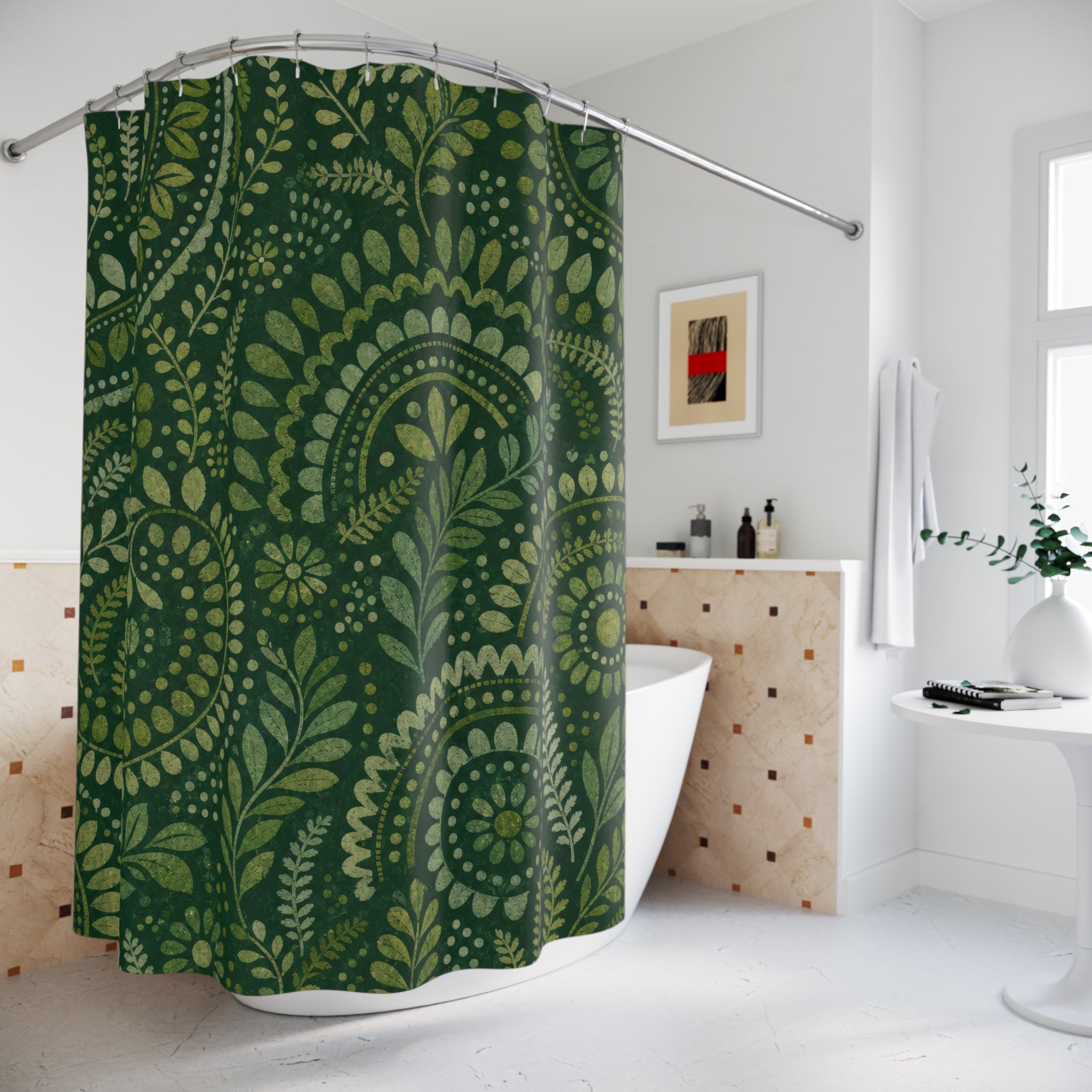 Green Paisley Shower Curtain, Boho Bath Decor, Mandala Vine Pattern, Forest Green Guest Bathroom Decor, Bohemian Style