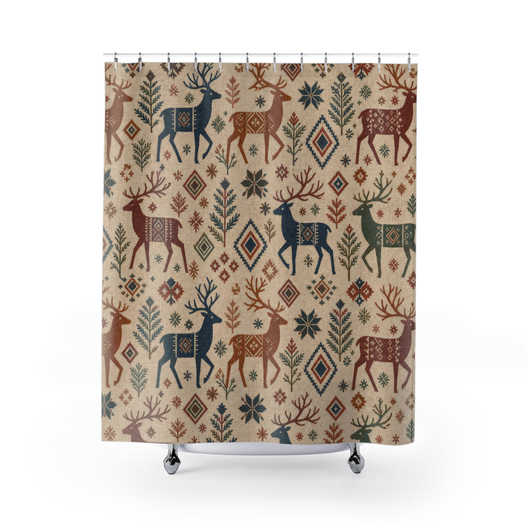 Nordic Reindeer Christmas Shower Curtain, Rust Indigo Woven Holiday Pattern, Scandinavian Winter Bathroom Decor, Cozy Guest Bath