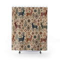 Nordic Reindeer Christmas Shower Curtain, Rust Indigo Woven Holiday Pattern, Scandinavian Winter Bathroom Decor, Cozy Guest Bath