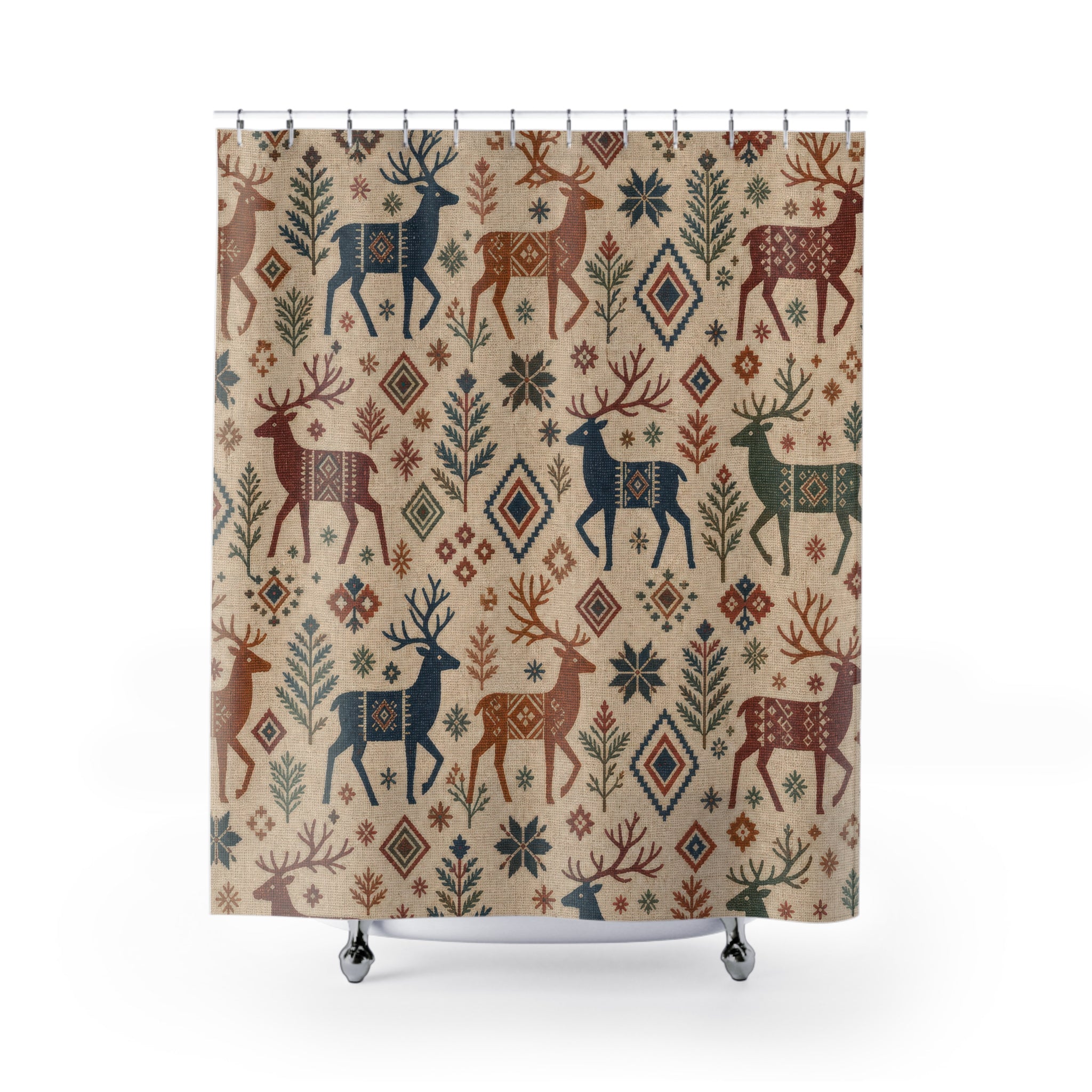 Nordic Reindeer Christmas Shower Curtain, Rust Indigo Woven Holiday Pattern, Scandinavian Winter Bathroom Decor, Cozy Guest Bath