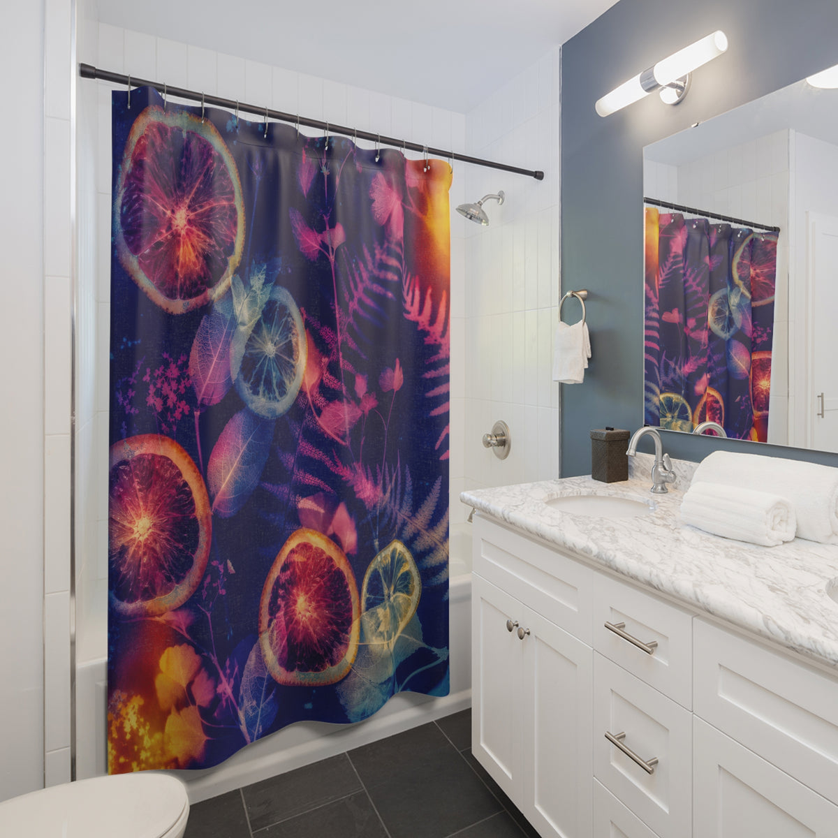 Photo Lumen Print Citrus Botanical Art shower curtain beside a white vanity