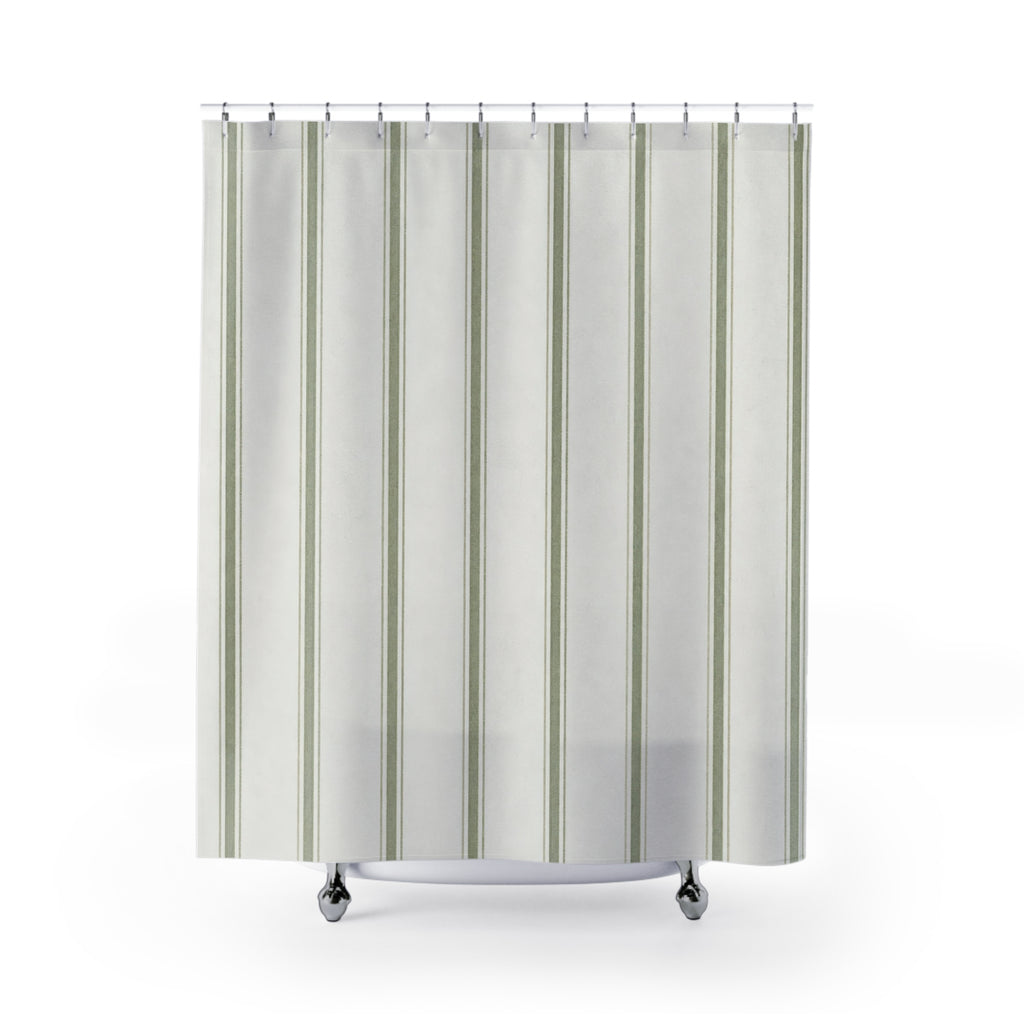 Green Striped Shower Curtain, Gray Green Ticking Bath Decor, White Farmhouse Pinstripe Pattern, Guest Bathroom Style, Calm Sage Style