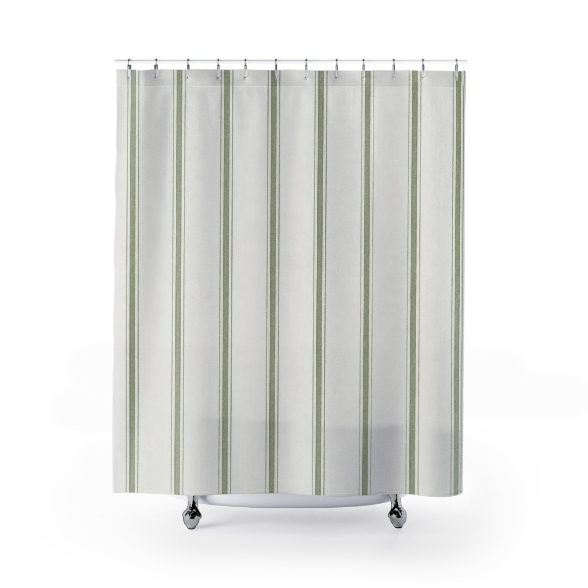 Green Striped Shower Curtain, Gray Green Ticking Bath Decor, White Farmhouse Pinstripe Pattern, Guest Bathroom Style, Calm Sage Style