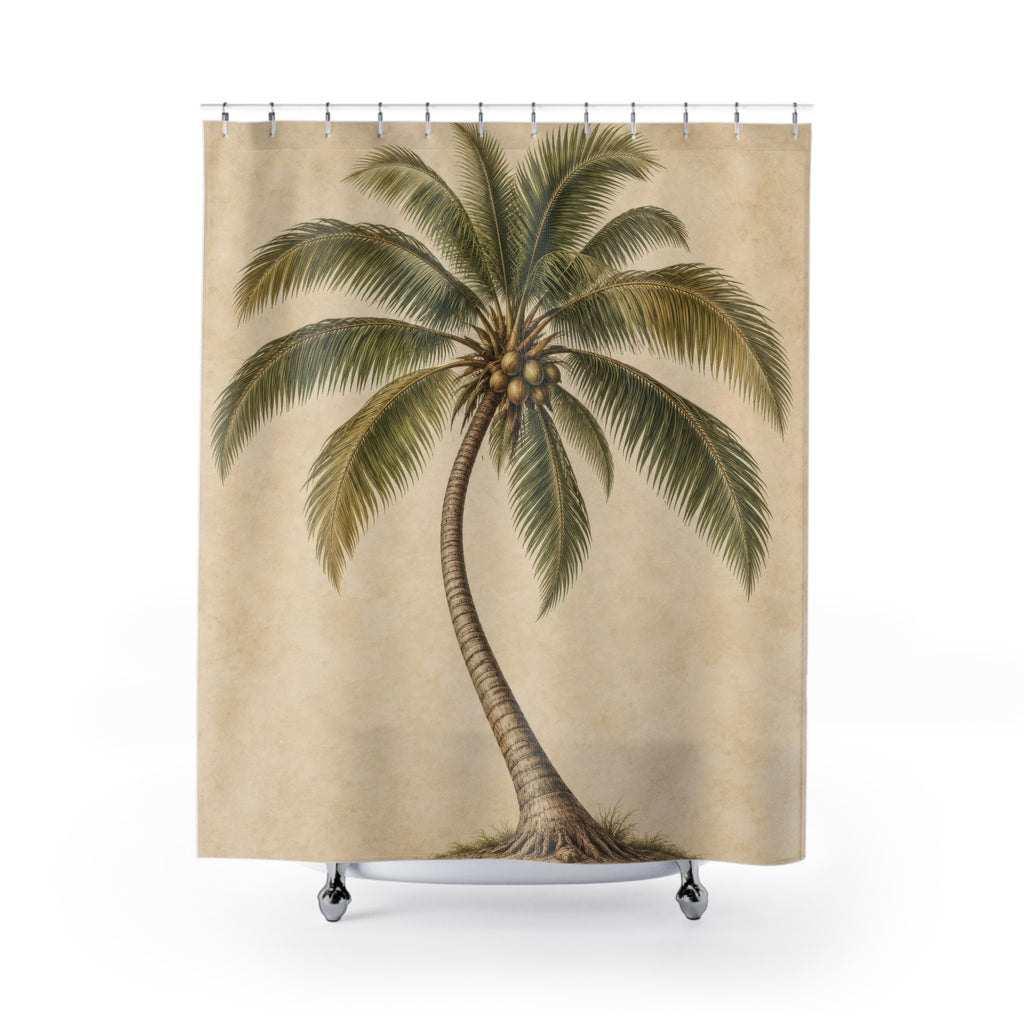 Olive coconut palm and sepia trunk on warm cream shower curtain with full front view