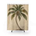 Olive coconut palm and sepia trunk on warm cream shower curtain with full front view