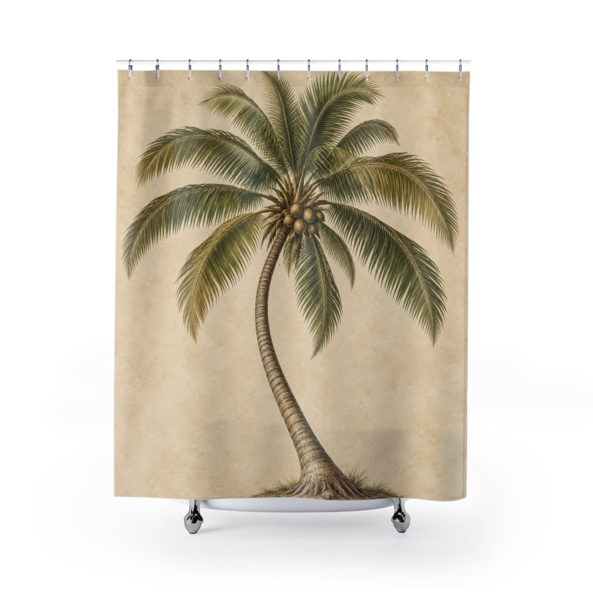 Olive coconut palm and sepia trunk on warm cream shower curtain with full front view