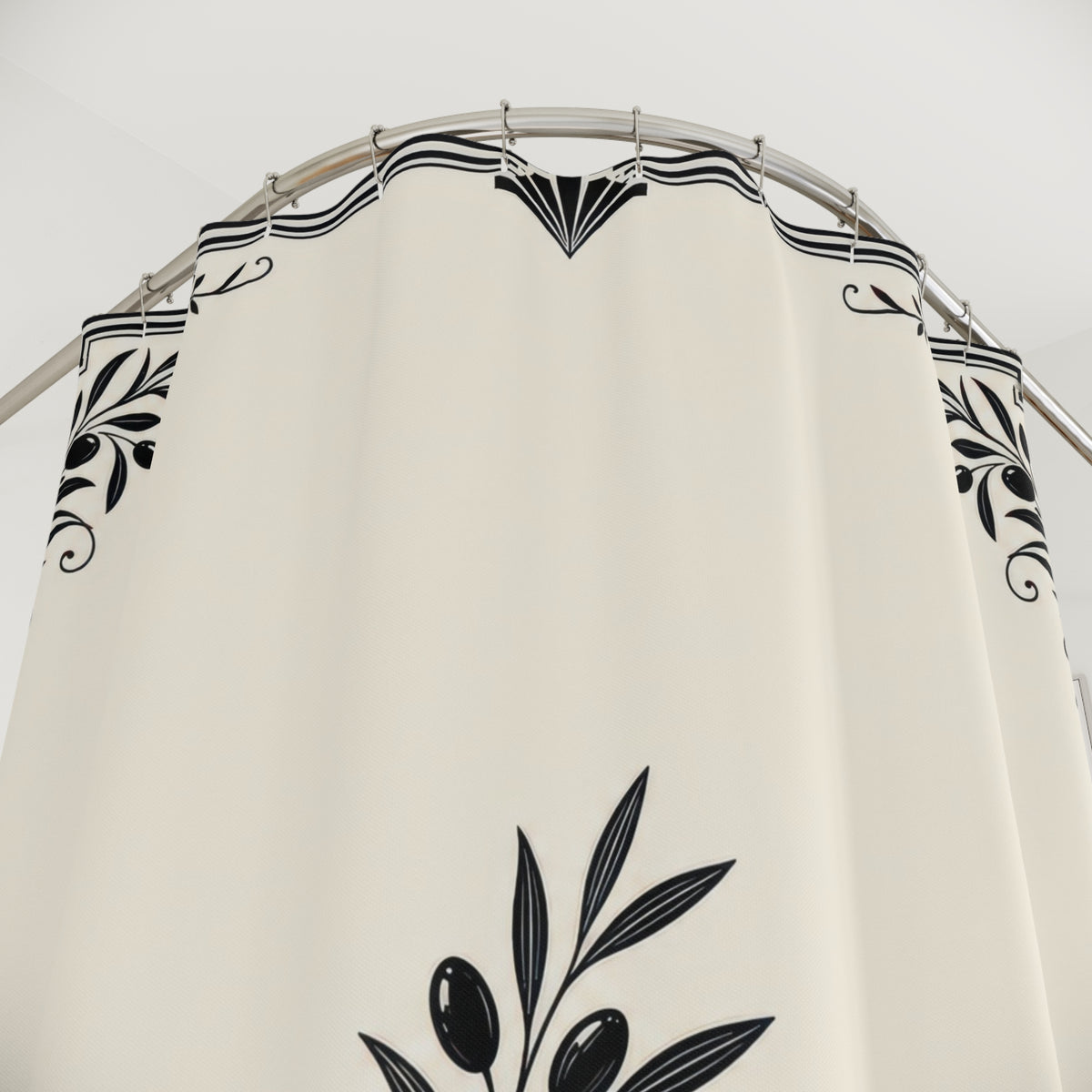 Black Border Ivory Botanical Corner Frame shower curtain with close-up print, hooks, and folds
