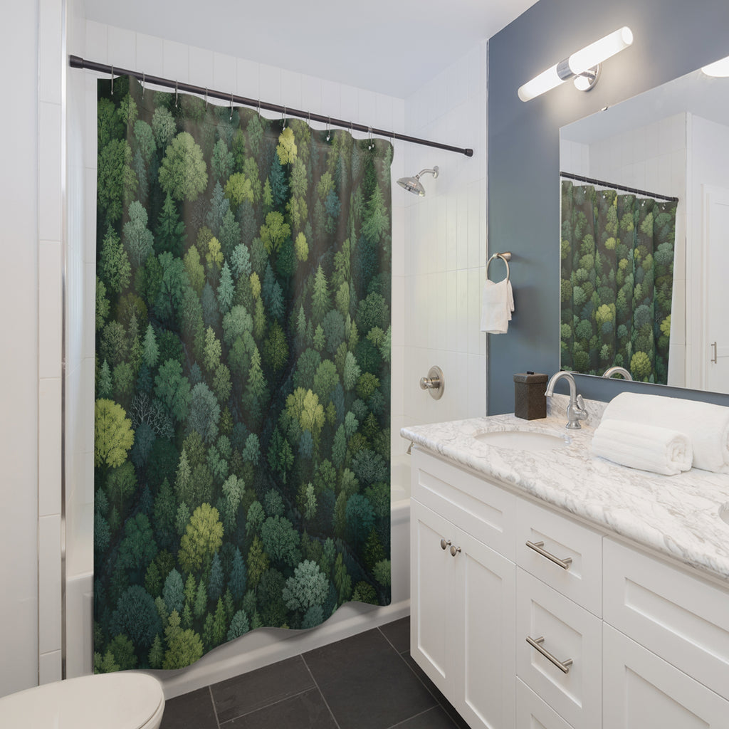Aerial view of a dense mixed green forest canopy shower curtain beside a white vanity