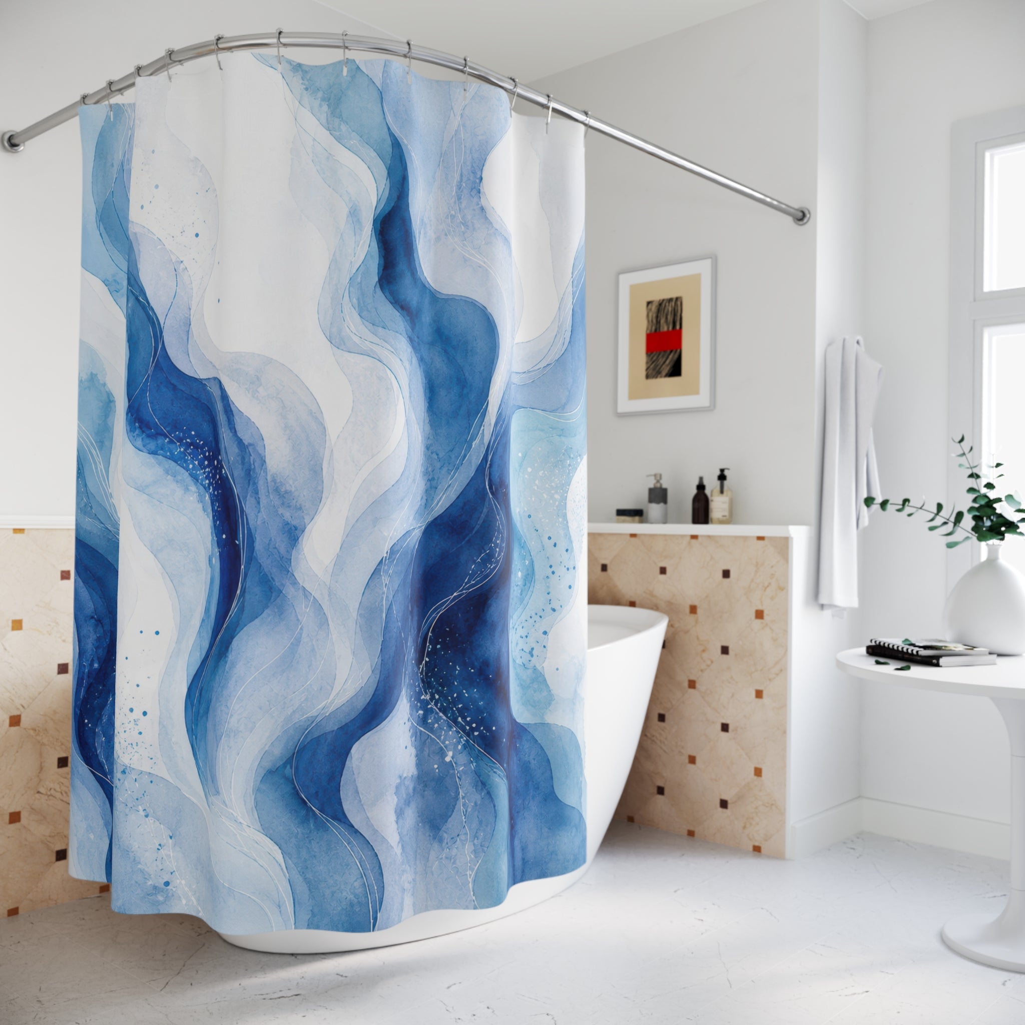 Blue Watercolor Marble Shower Curtain