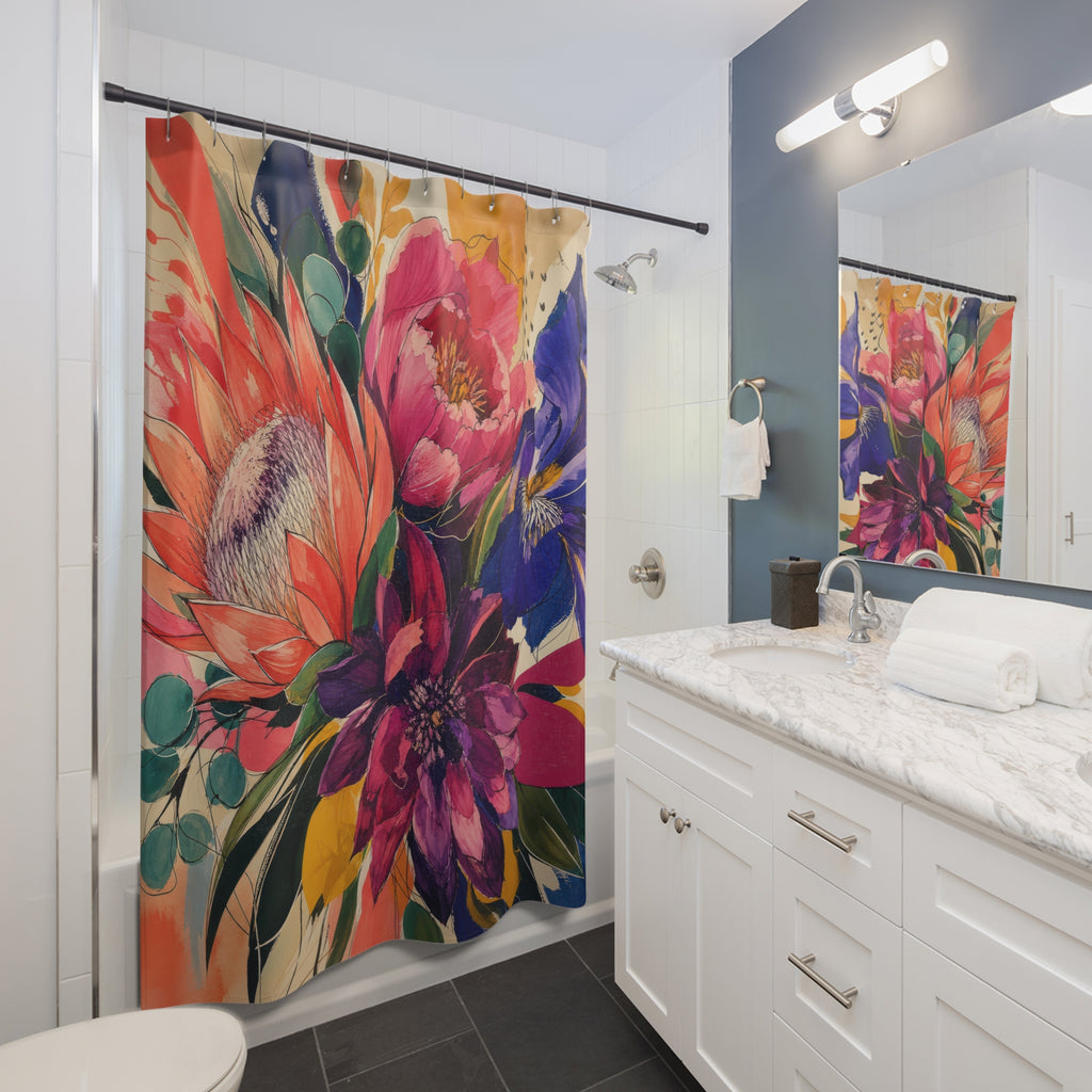 Artistic Flower Shower Curtain, Gestural Protea Peony Dahlia Painting