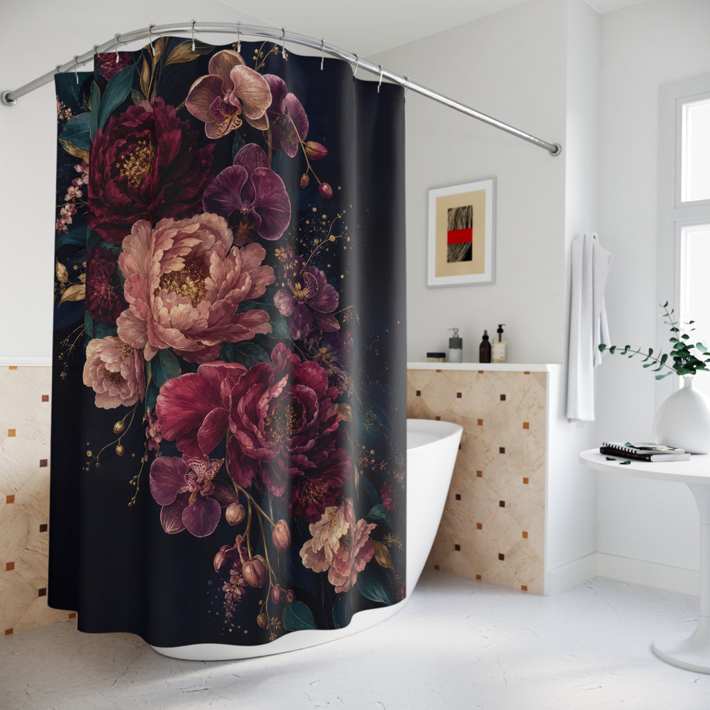 Midnight Peony and Orchid Shower Curtain