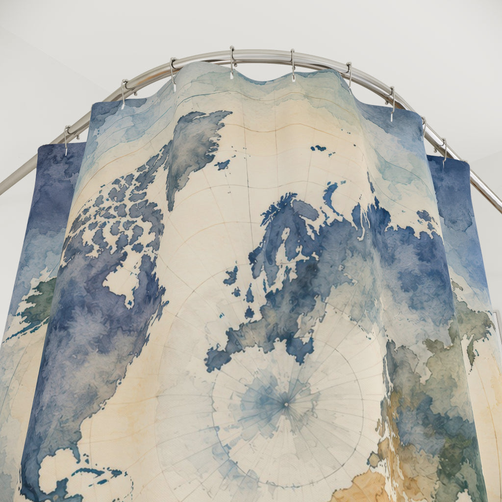 Blue world atlas watercolor map shower curtain with close-up print, hooks, and folds