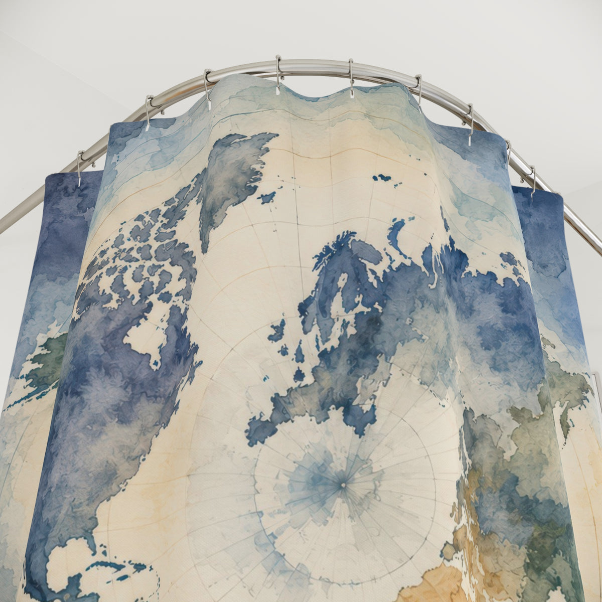 Blue world atlas watercolor map shower curtain with close-up print, hooks, and folds