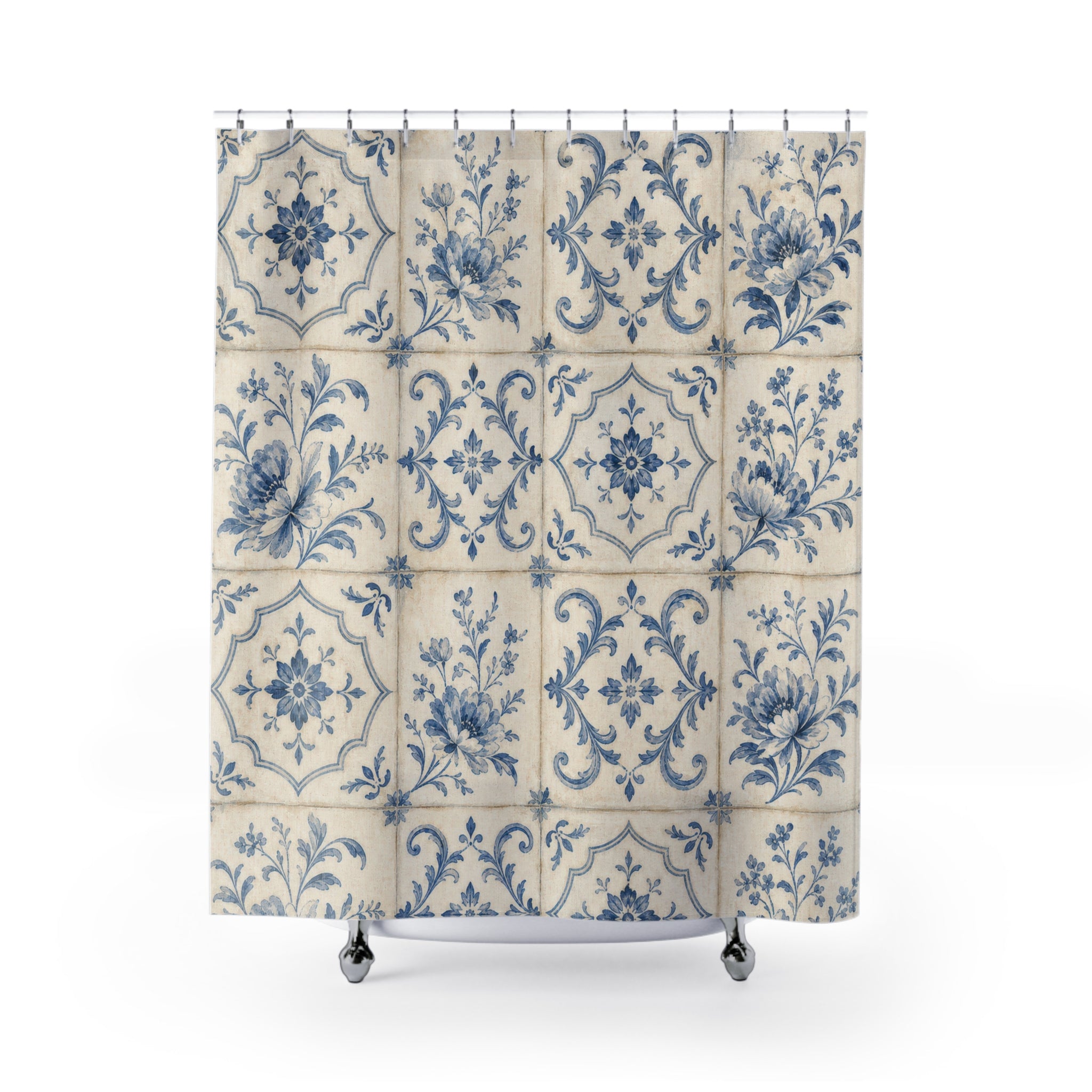 Blue White Floral Tile Shower Curtain