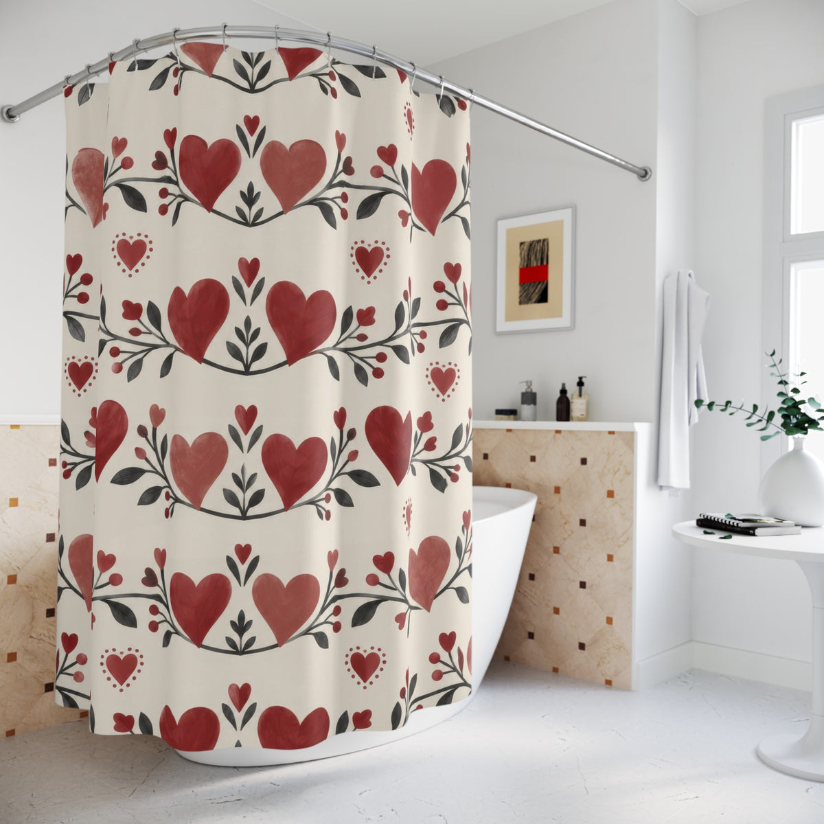 Red and rose hearts with charcoal leaves shower curtain beside a freestanding tub