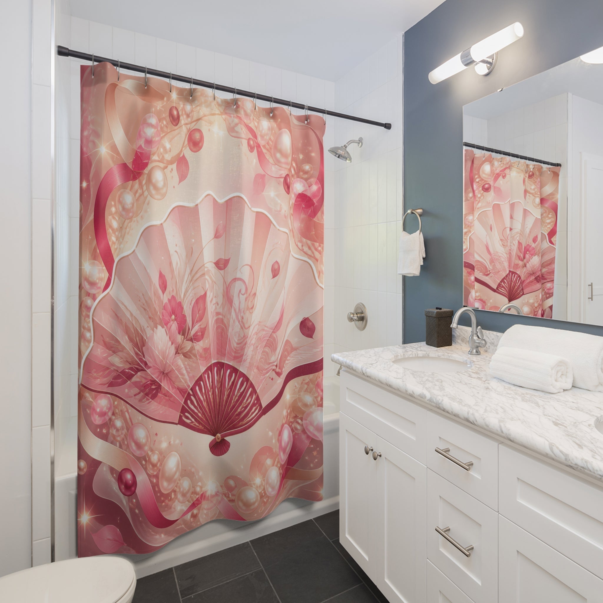 Blush folding fan glowing inside a pearl oval halo shower curtain beside a white vanity