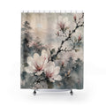 Blush magnolia branch in a misty watercolor garden shower curtain with full front view