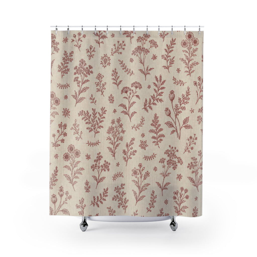 Vintage Farmhouse Red Floral Shower Curtain