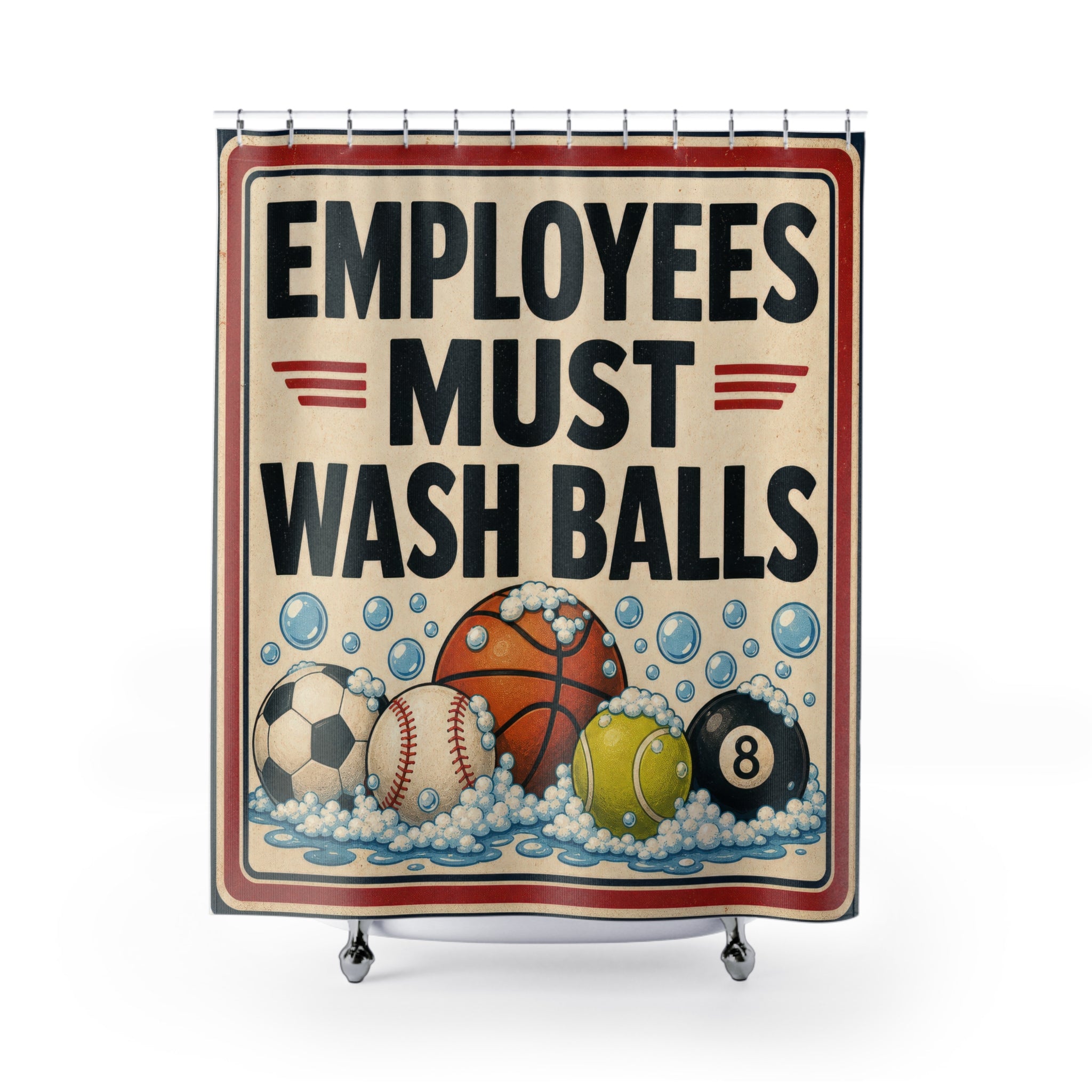 Unique Funny Shower Curtain, Employees Must Wash Balls Sign, Sports Bathroom Humor, Locker Room Powder Room Guest Bath Decor Gift For Home