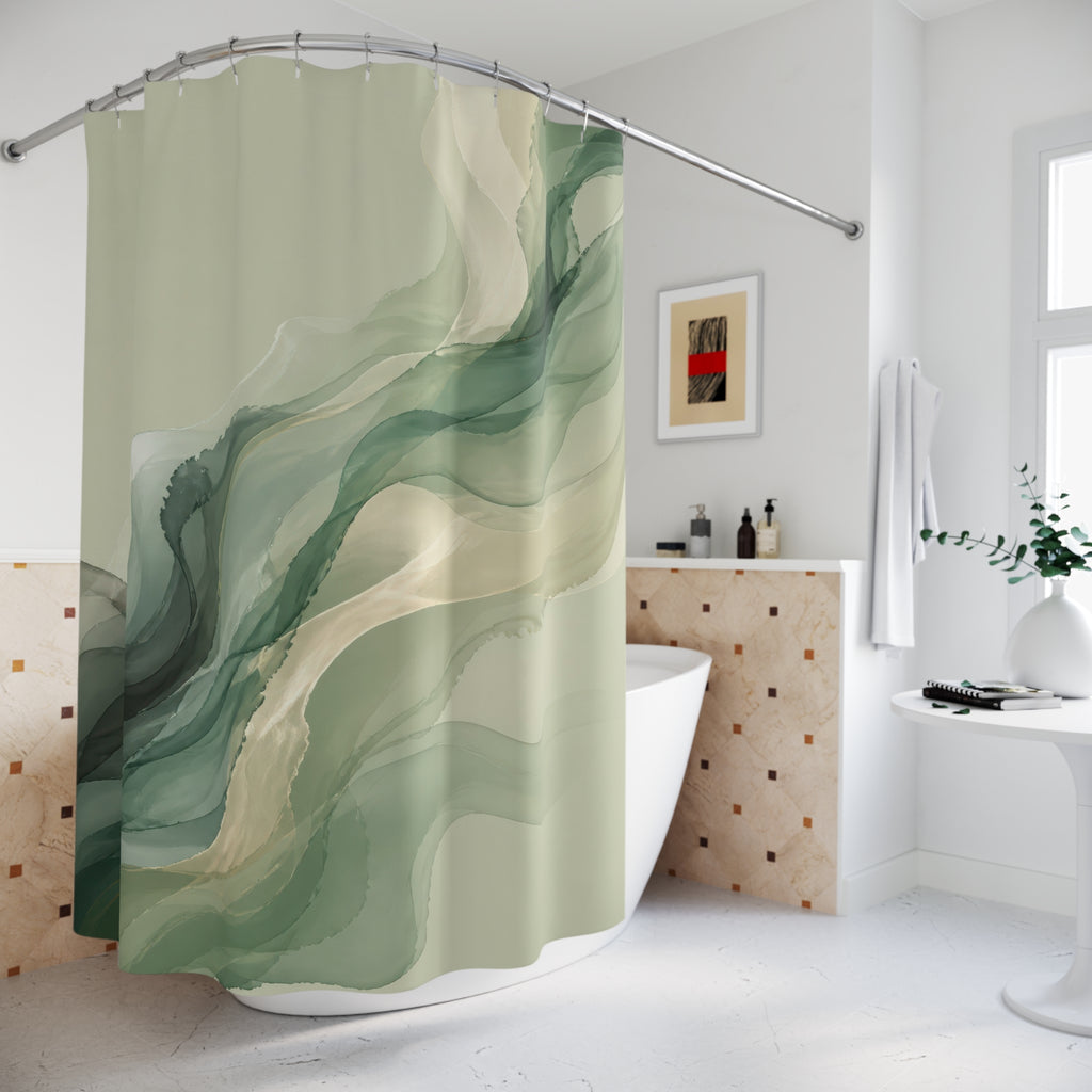Abstract sage and olive ink wash forms with charcoal accents shower curtain beside a freestanding tub