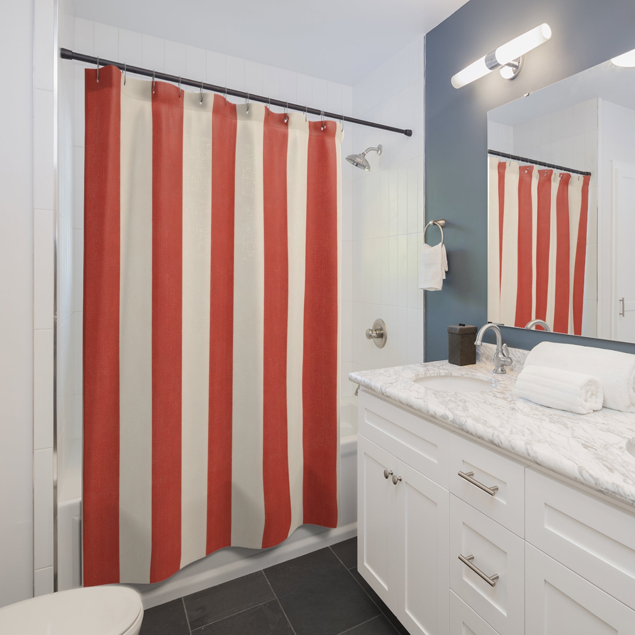 Red and White Vertical Stripe Shower Curtain