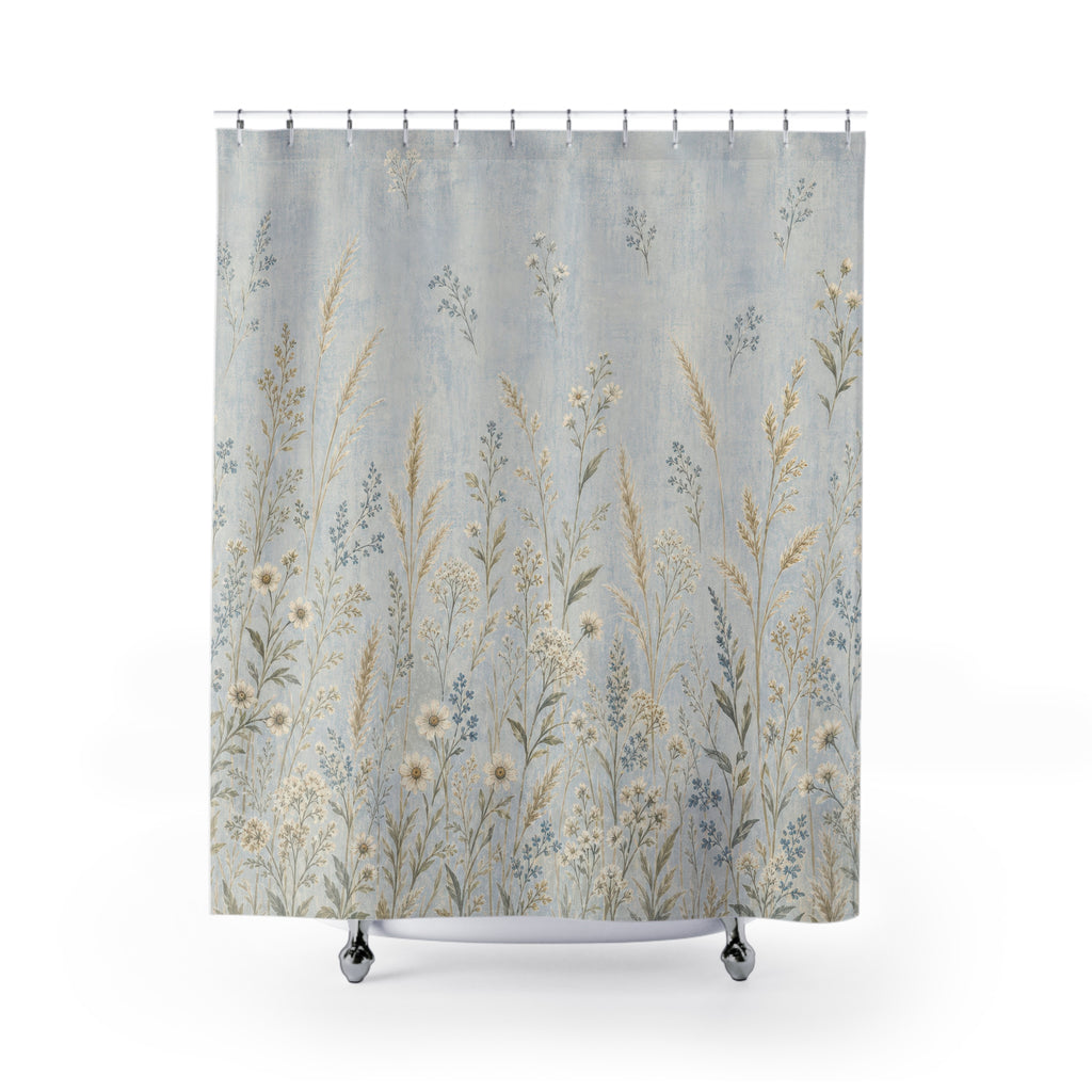 Pale Meadow Floral Blue Shower Curtain