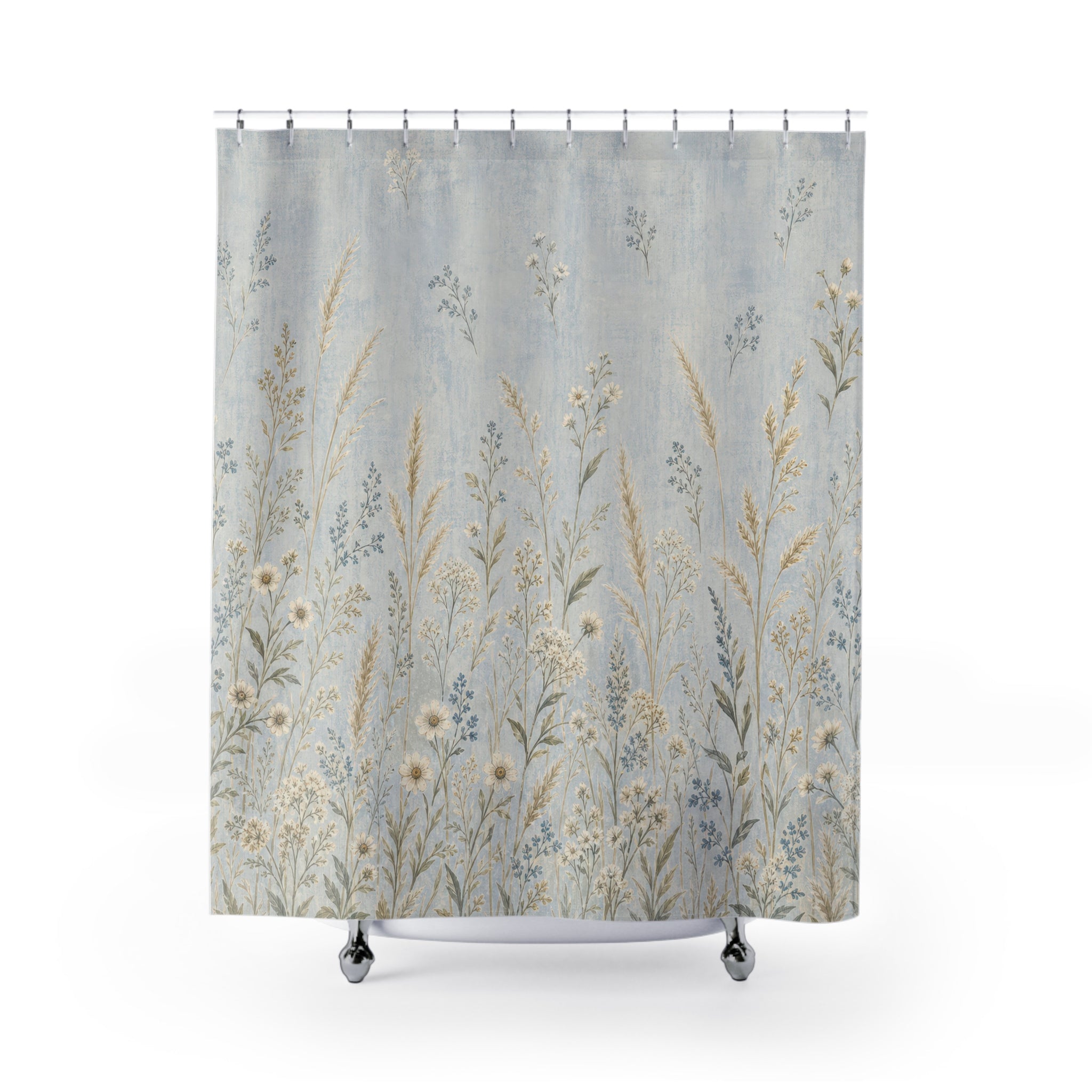 Pale Meadow Floral Blue Shower Curtain