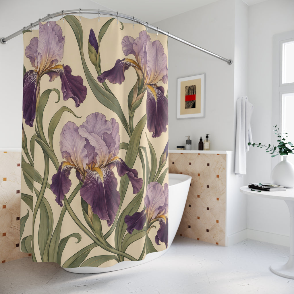 Lavender and plum irises with curling sage leaves on cream shower curtain beside a freestanding tub