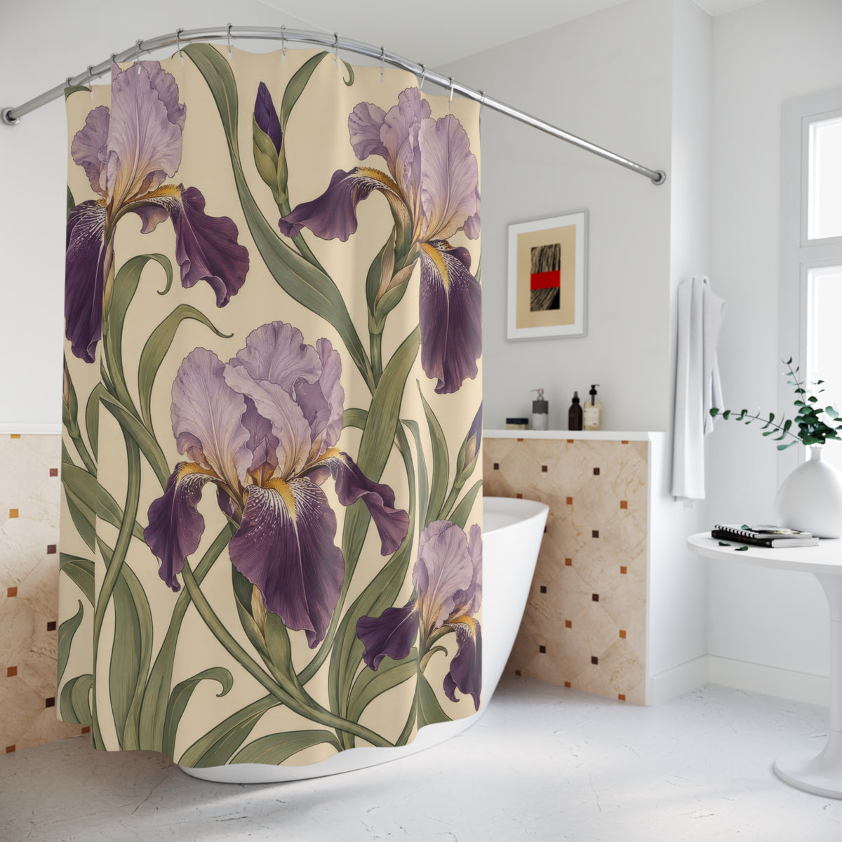 Lavender and plum irises with curling sage leaves on cream shower curtain beside a freestanding tub