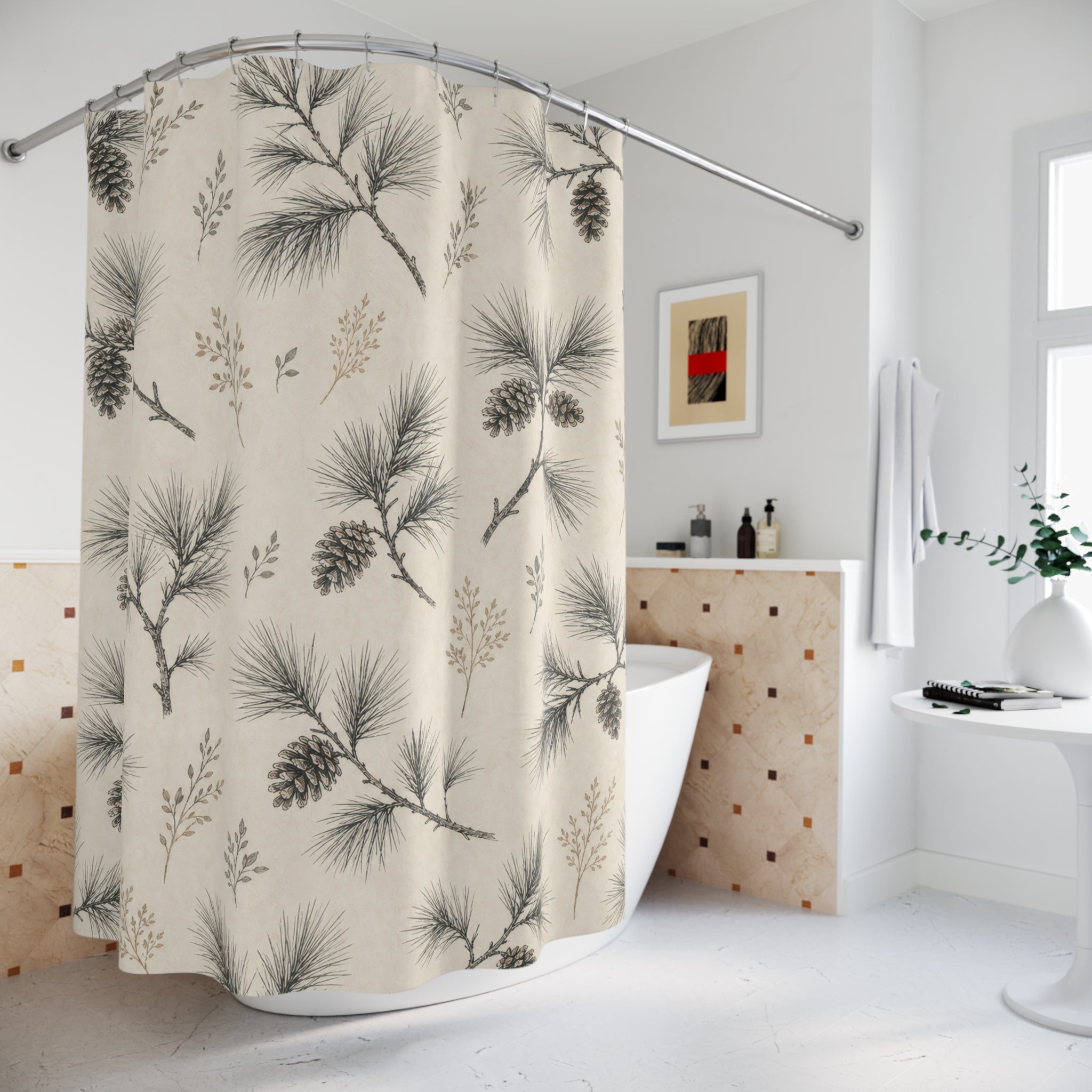Black Pine Needle Sprig Shower Curtain