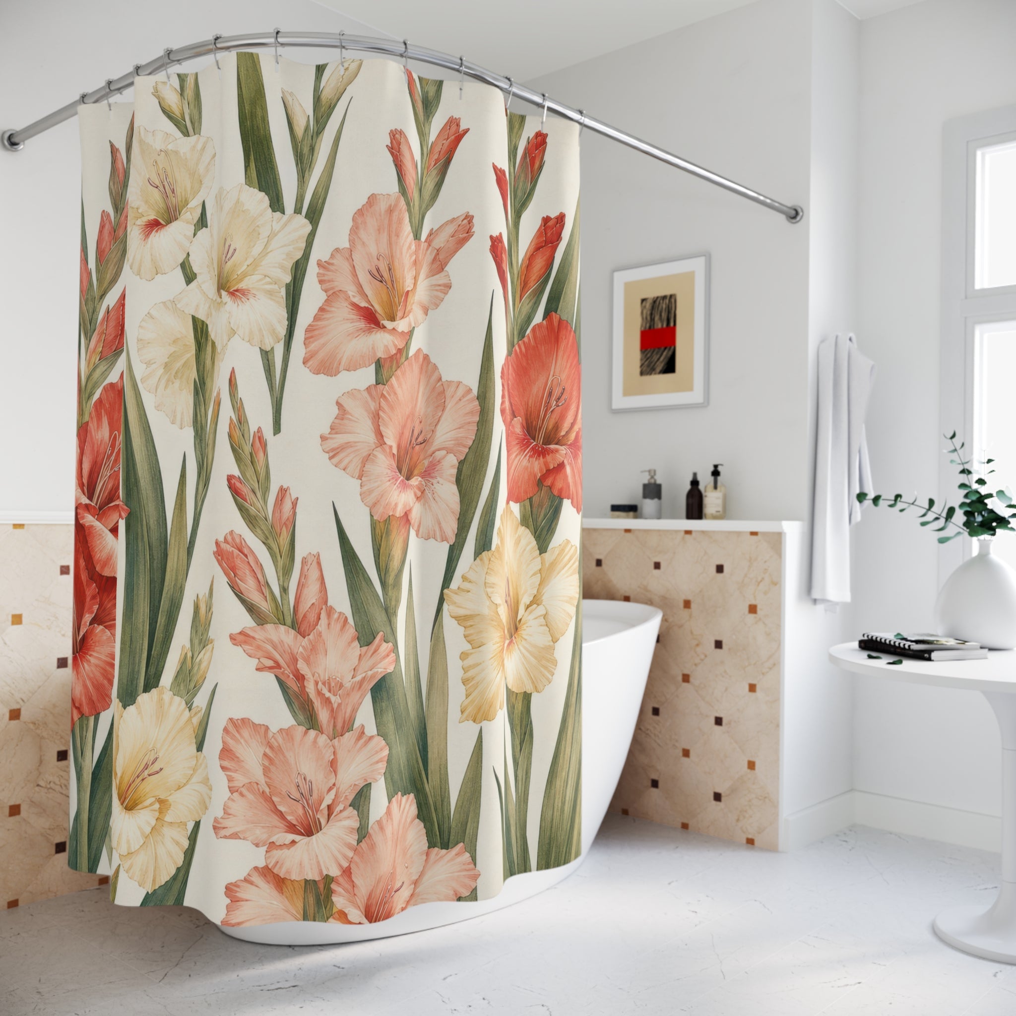 Tall Coral Orange Botanical Floral Shower Curtain