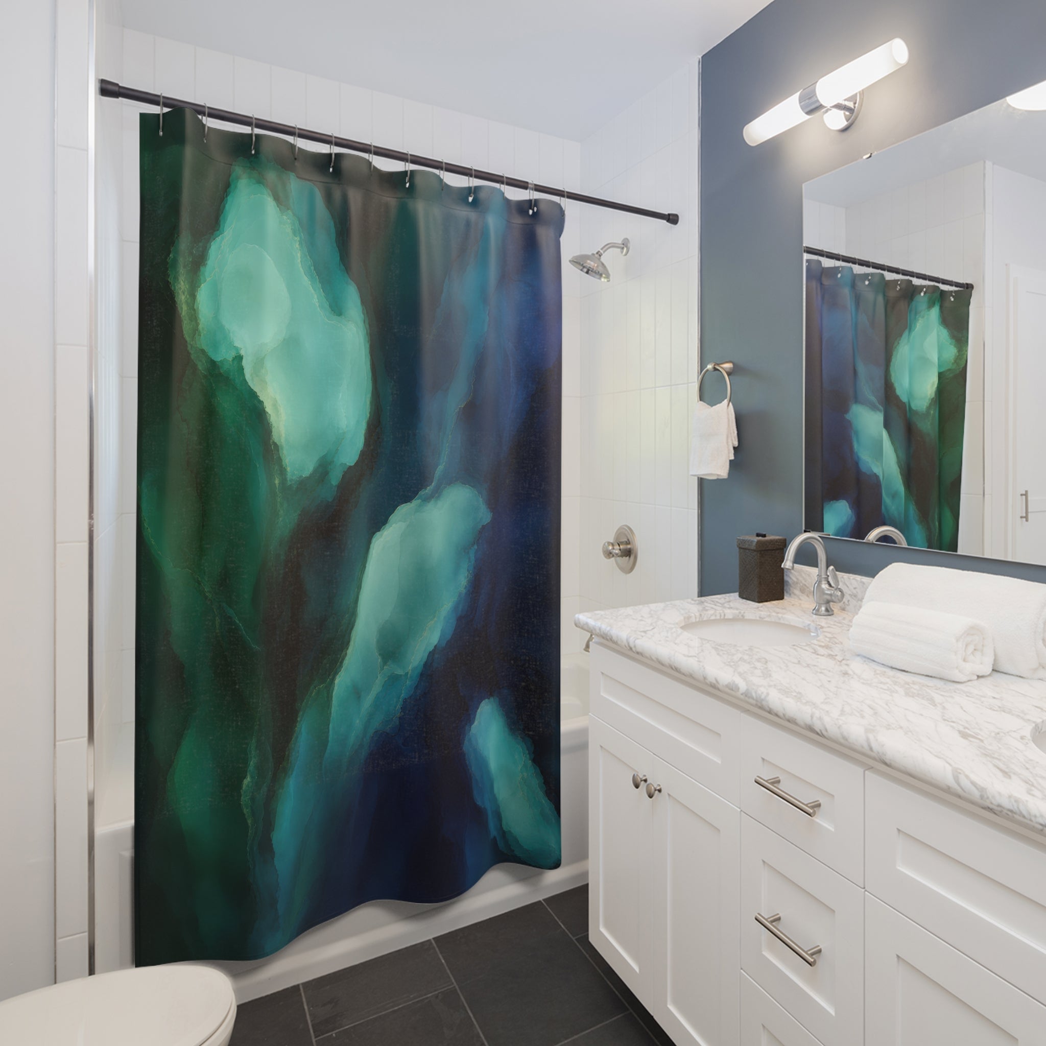 Emerald Indigo Fluid Abstract Shower Curtain
