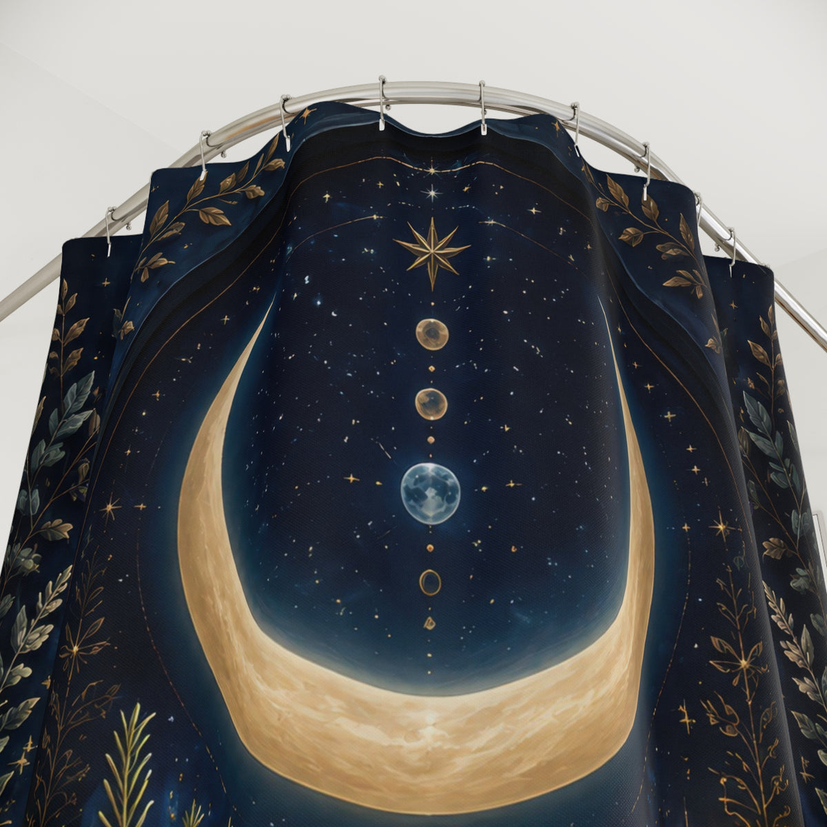Wiccan crescent moon altar with chalice candles and crystals shower curtain with close-up print, hooks, and folds
