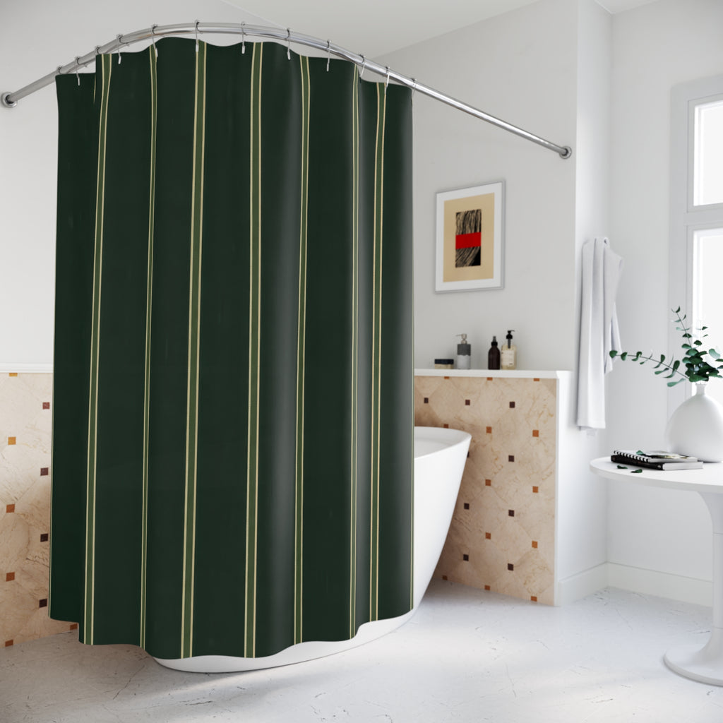 Dark Forest Green Gold Pinstripe Shower Curtain